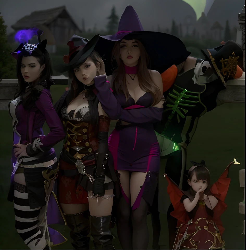 Three women dressed in costumes and hats standing in a field, O Conselho das Cadelas Assustadoras, pose de spellcasting, Bruxas, & todos parecem apavorados, pose assustadora, cena de halloween, goth family, pose assustadora, halloween celebration, Foto reduzida, Atmosfera de Halloween, Scarry mas enfeitiçando, roupas de bruxa, pose sinistra, from the black mage cemetery!!!