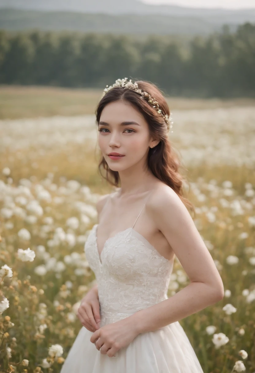 1 Girl in white wedding dress, bare shoulders, blooming flower field, faint smile, wollensak 127mm f/4.7 ektar, portrait close-up, clear face, (close-up)