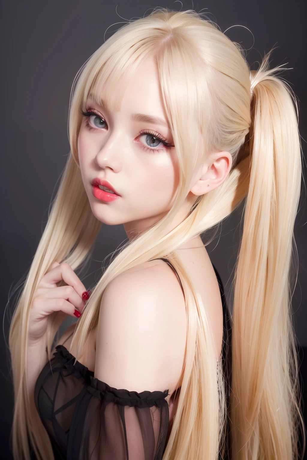 (8k, 4k, best quality, highres, ultra high res:1.1), (masterpiece, realistic, photo-realistic:1.1), 1girl,  face, close-up, twintails, blonde hair, black eyes, red lips,  (looking at viewer:2), absurdly long hair, long eyelashes, eyeshadow,  small face, big eyes,
bare shoulders,
high contrast,