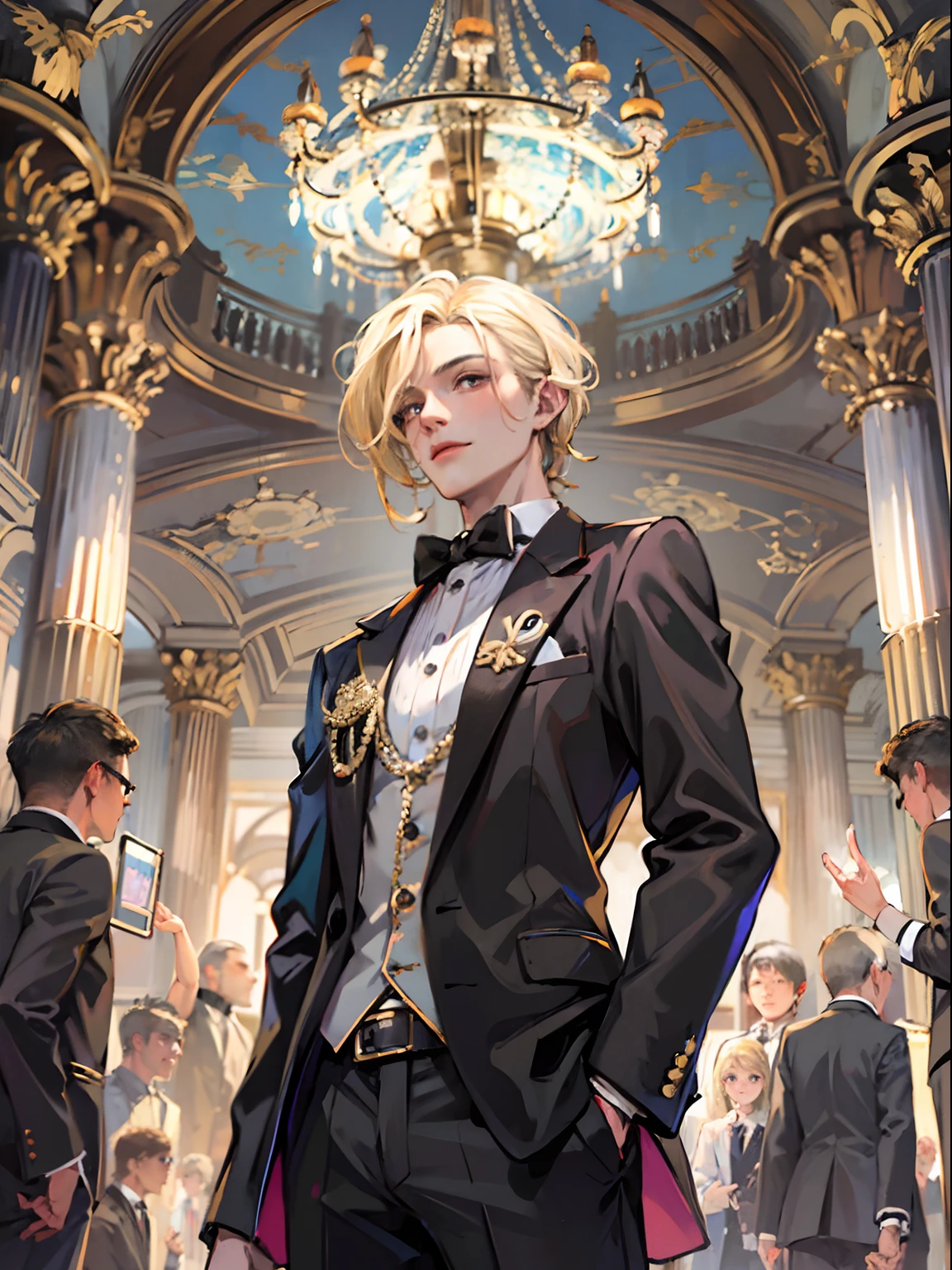 1boy,11 only、(Man's :2),(bobhair:1.5)、a blond、Naked tuxedo、Inside a luxurious Western-style building、Luxurious chandeliers、Vibrant lighting、hightquality、masutepiece,8K,hight resolution、