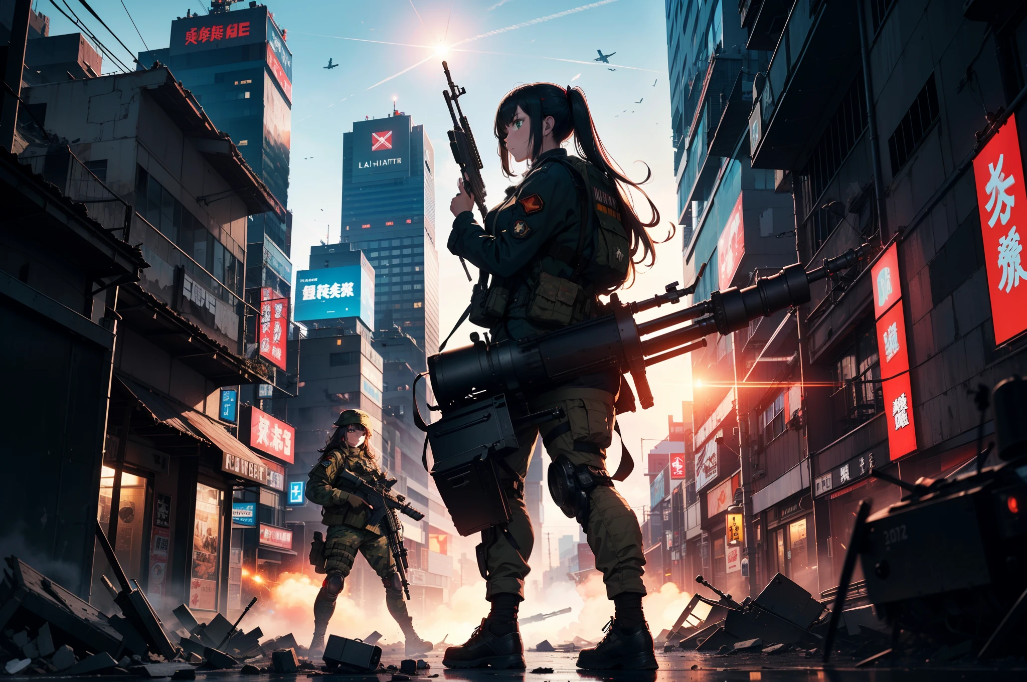 {{Masterpiece, top quality, highly detailed CG, 16K, movie lighting, lens flares}}, (Lahti L-1 girl soldier sniping a huge military robot with an anti-tank gun), black combat uniform, wide view, thick body, Photorealism: 1.4, long blond hair, green eyes, have multiple weapons, aim accuracy 1.4, Lahti L-39 anti-tank gun, direct light, Night footage with f/1.8 lens flare, shot on rubble with a depth of field of 35mm ((Shinjuku at night in battle by 5 Special Forces SWATs)), (sniping with anti-tank rifles), FROM SIDE, HDR, Hyper detailed, wreckage of a giant robot, (Wide Angle Lens), Aftersight
