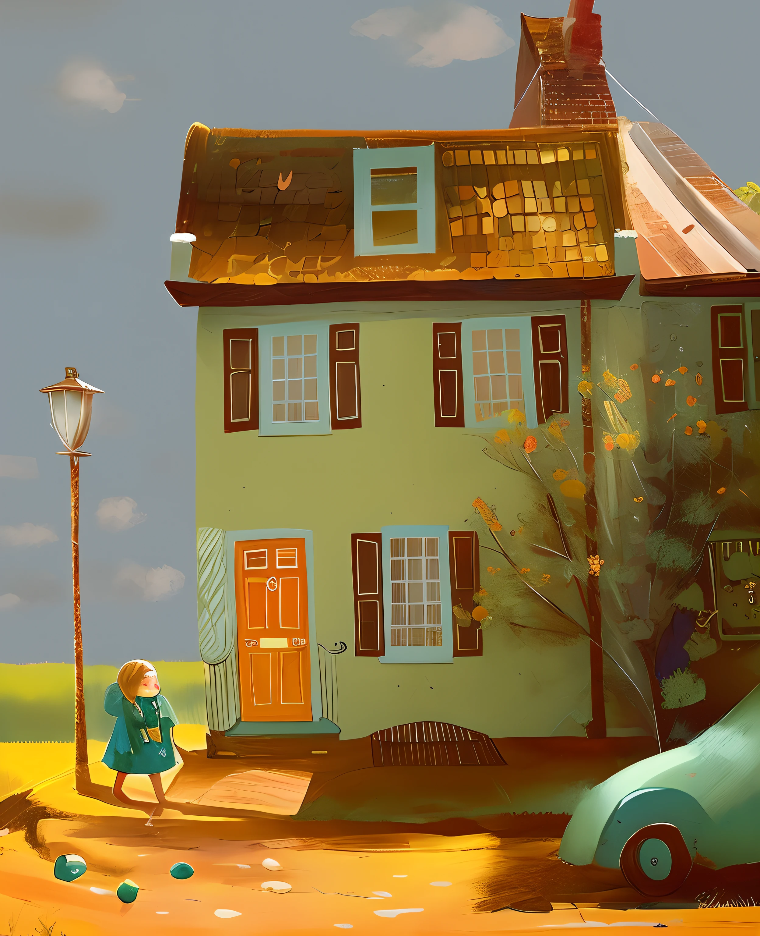 pintura de uma mulher caminhando por uma rua passando por uma casa cor-de-rosa, inspirado em Clarice Beckett, painterly illustration, matte gouache illustration, illustration of children's book, illustration!, illustration of children's book, illustration for children's book, inspirado em Tove Jansson, renderizado em pintura guache, lindamente ilustrado, Luz do Sol e Casas Extravagantes, illustration of children's books, stylised illustration, painting illustration