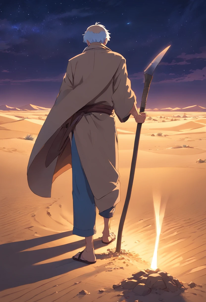 Old man in the desert standing in front of a hoe at night，frontage。（lewd poses：Bend over and hoe the ground）