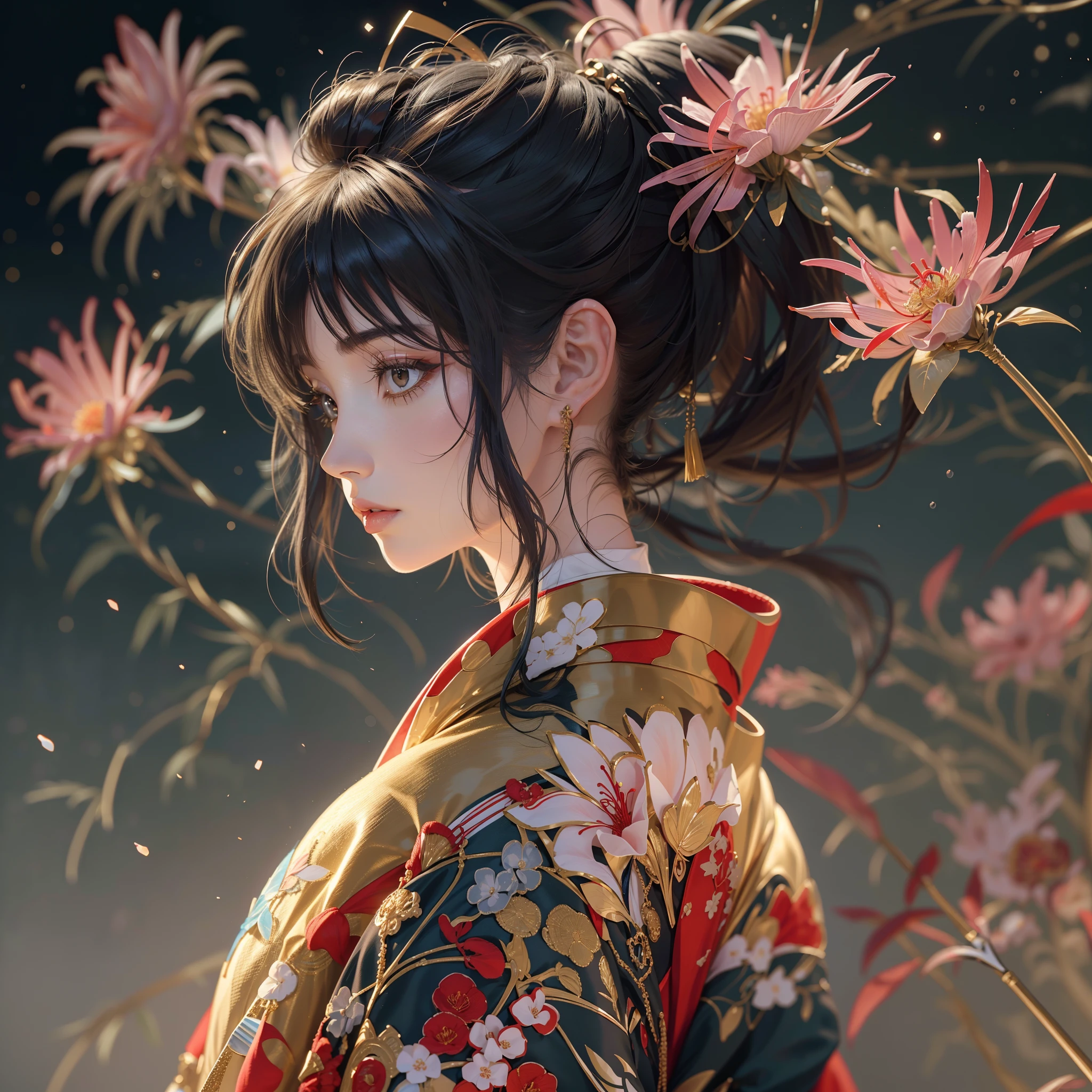 profile,watching at viewers,Red Spider Lily,Gouño on dark background(kyoto、starryskybackground,dense background),perfect hand、Woman with shiny black hair,((3D with three-dimensional effects)),Break Ponytail、elaborate costume{Luxury kimono(Colorful kimono(Detailed golden embroidery,))}、face perfect,Depict a beautiful and graceful woman of Japan。Heart in the eye。 Wallpaper 8K, .Blur the background with a sickle,((masutepiece)), ((Best Quality)),{{Photorealistic}}