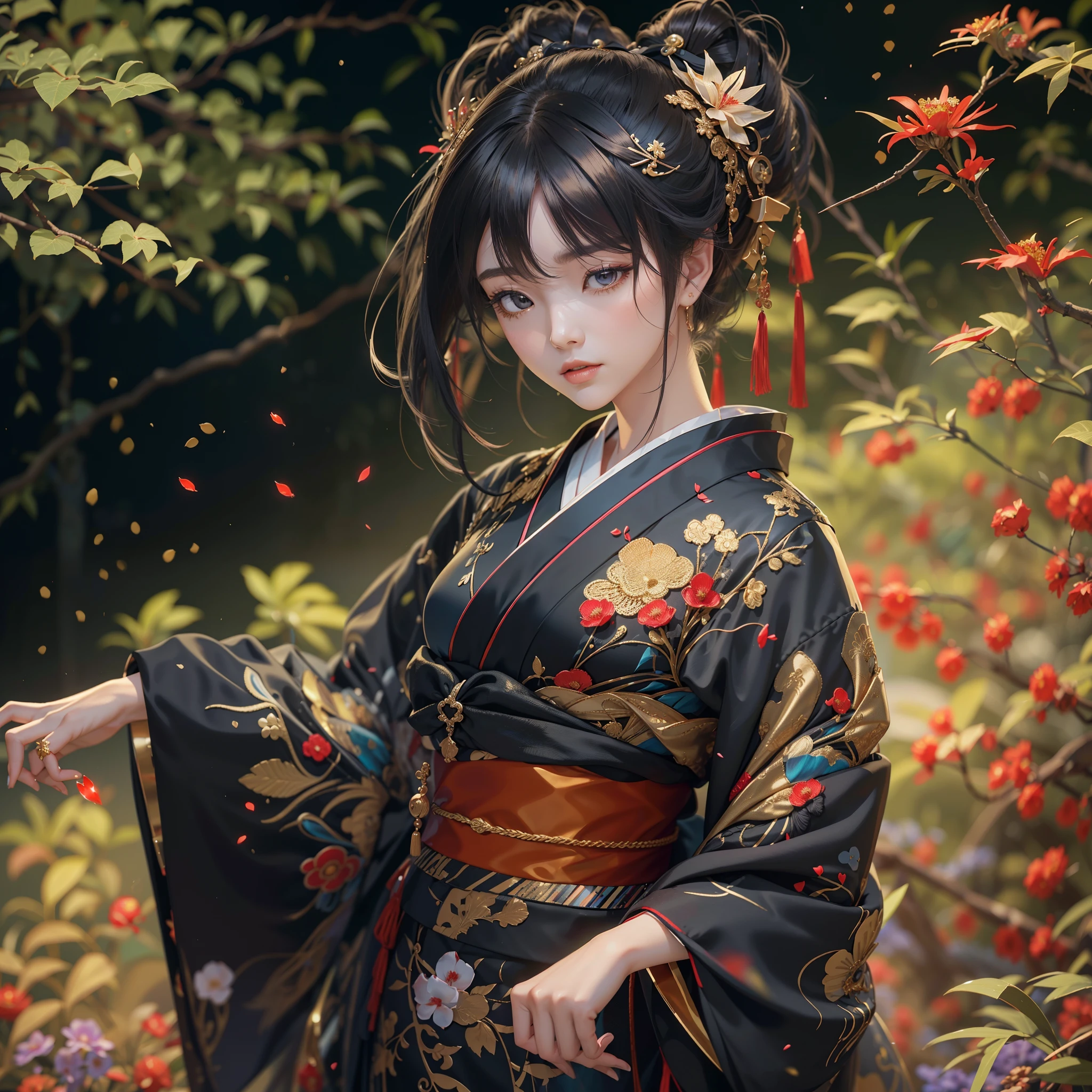 profile,watching at viewers,Red Spider Lily,Gouño on dark background(kyoto、starryskybackground,dense background),perfect hand、Woman with shiny black hair,((3D with three-dimensional effects)),Break Ponytail、elaborate costume{Luxury kimono(Colorful kimono(Detailed golden embroidery,))}、face perfect,Depict a beautiful and graceful woman of Japan。Heart in the eye。 Wallpaper 8K, .Blur the background with a sickle,((masutepiece)), ((Best Quality)),{{Photorealistic}}