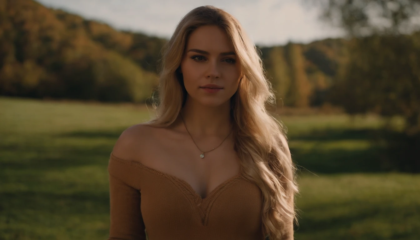 1girl in, age19, Solo, Long hair, Colossal tits, Looking at Viewer, blondehair, Bare shoulders, Brown eyes, jewely, Full body, a necklace, off shoulders, Sweaters, Realistic, A sexy