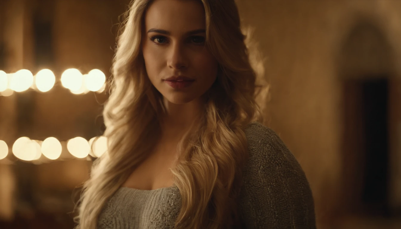 1girl in, age19, Solo, Long hair, Colossal tits, Looking at Viewer, blondehair, Bare shoulders, Brown eyes, jewely, Full body, a necklace, off shoulders, Sweaters, Realistic, A sexy