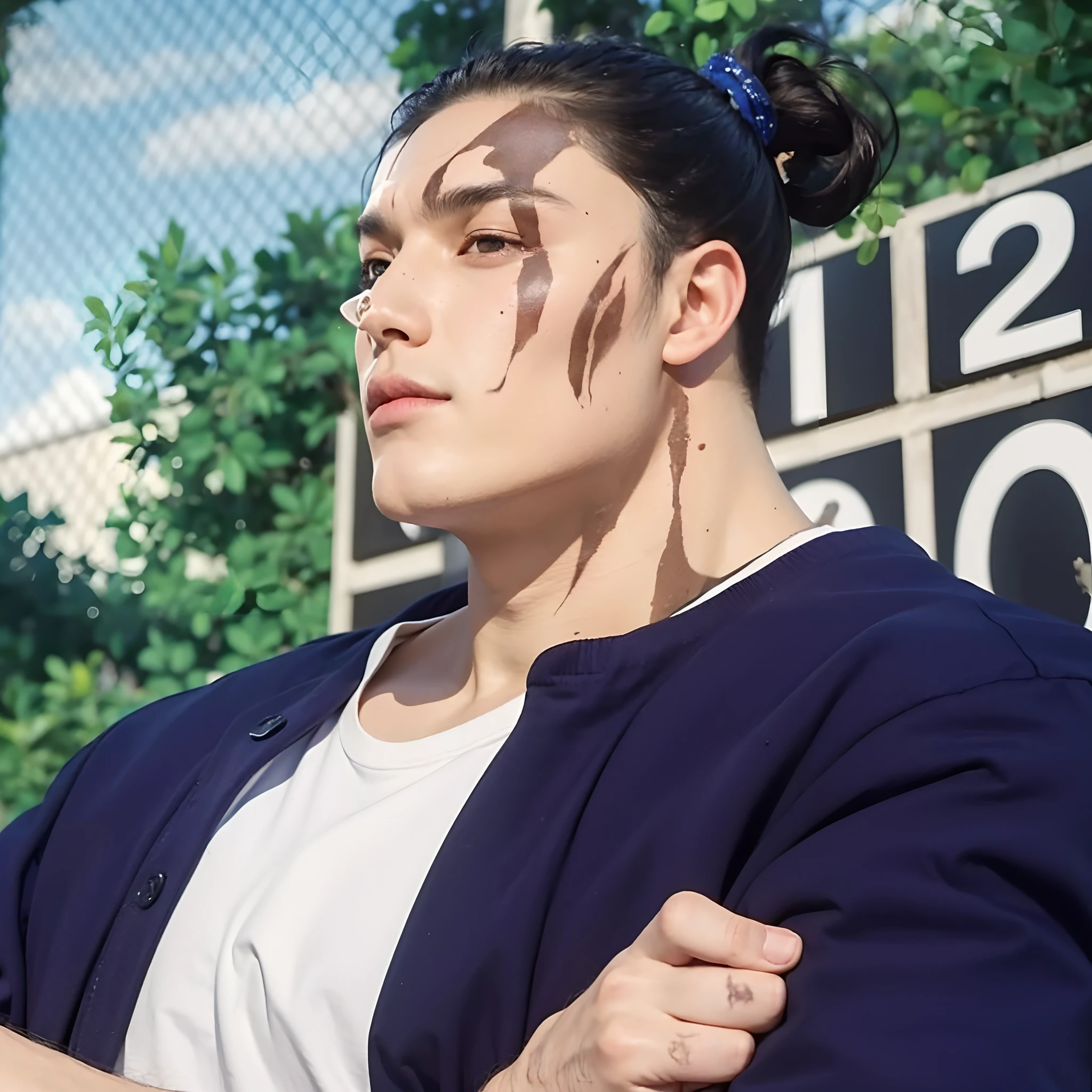 Real life adaption of this character, adult handsome face,realistic outfit,detailed eyes,realistic black hair,realistic background,hyper realistic,realism,realistic light, realistic shadow,(photorealistic:1.2), looking to viewer,muscular body,(Has a burn scar on his right eye)