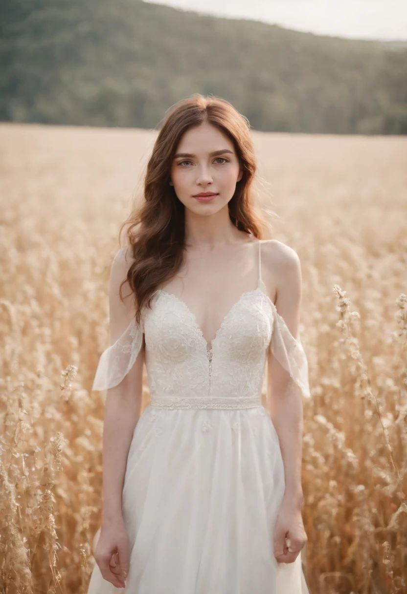 A young woman, long flowing white dress, serene field, beautiful detailed eyes, delicate facial features, elegant posture, photorealistic, 8k, masterpiece, ultra-detailed, realistic, vivid colors, natural lighting, ethereal, serene, tranquil