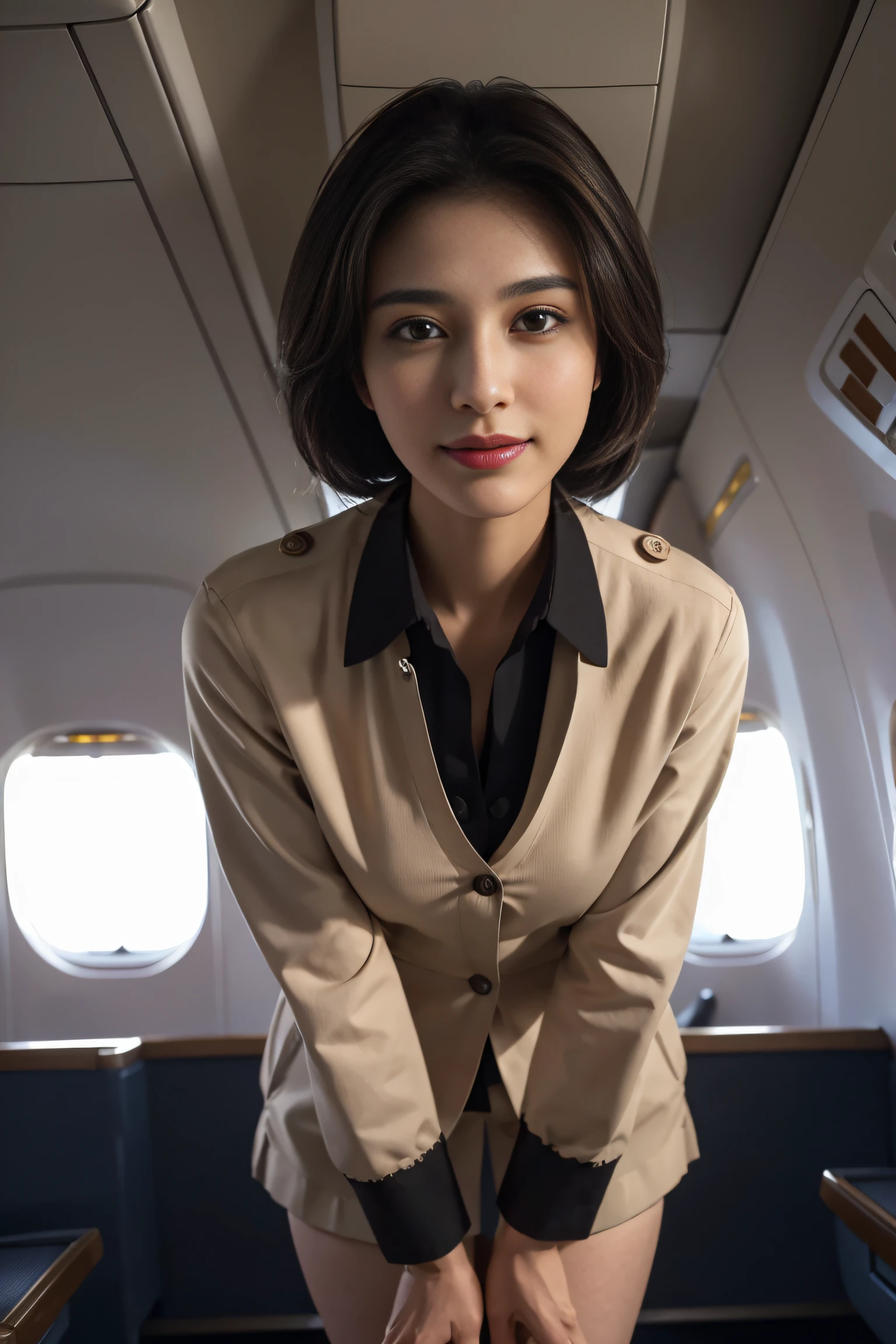 8K, of the highest quality, Intricate details, Ultra Detail, Ultra High Resolution, masterpiece, smile, (fluffy brown eyes), 1female, Solo, 40 years, (full stewardess uniform:1.4), Standing, ((Beautiful Face)), (Black short hair), (Detailed face), Detailed lips, Detailed face, Detailed chest, large full breasts, detail, Perfect body, (detail legs), cowboy shot, (background: in an airplane)