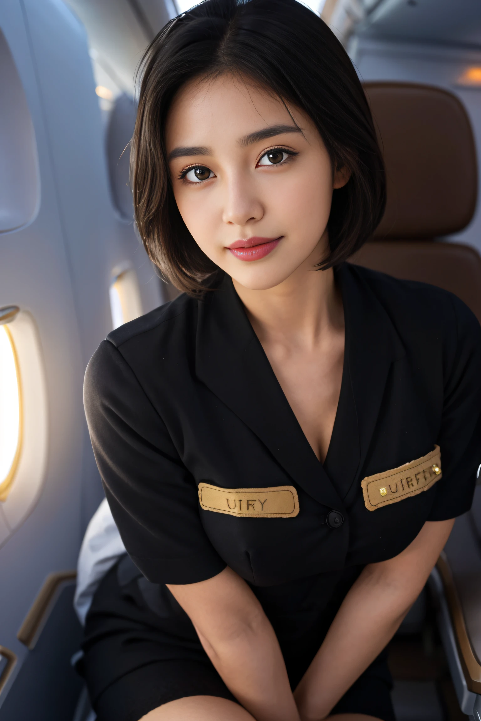 8K, of the highest quality, Intricate details, Ultra Detail, Ultra High Resolution, masterpiece, smile, (fluffy brown eyes), 1female, Solo, 40 years, (full stewardess uniform:1.4), Standing, ((Beautiful Face)), (Black short hair), (Detailed face), Detailed lips, Detailed face, Detailed chest, large full breasts, detail, Perfect body, (detail legs), cowboy shot, (background: in an airplane)