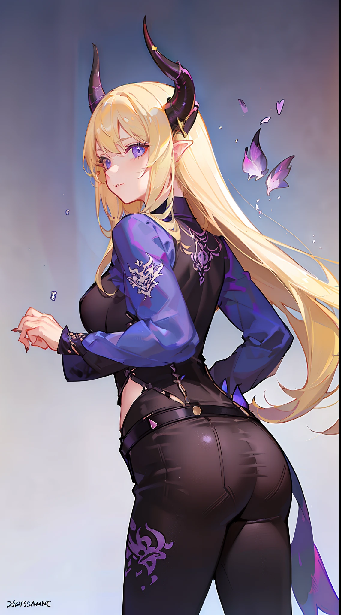 young girl, longue blonde hair, dragon horns, violet eyes, tattoo, Blue tight shirt, open belly, black tight pants, seen from behind, Masterpiece, hiquality, higly detailed, HD, 4k