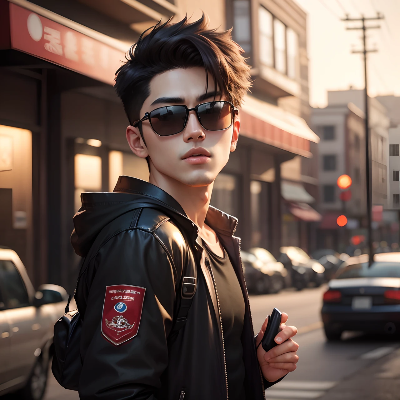 A 20 years old korean, Change background, handsome boy, realistic face, 8k, ultra realistic], sunglasses, no beard