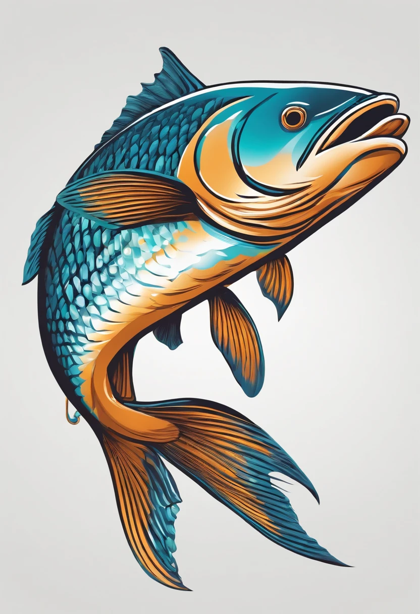 Art graphics, Flat illustration of a big fish , highly detailed cleaning, Vector Image, flat white background, vibration, vector, Jumping fish, Realistis