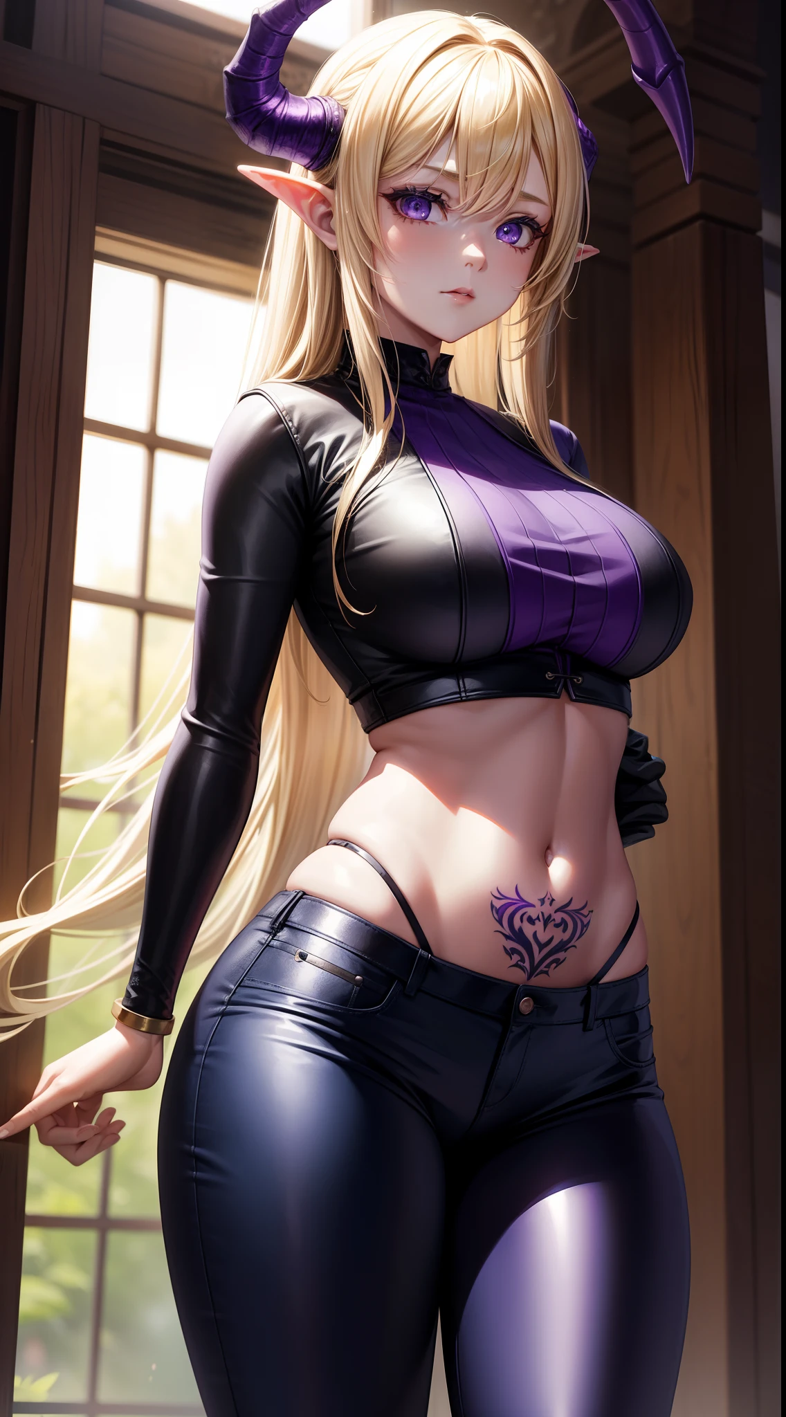 young girl, longue blonde hair, dragon horns, violet eyes, tattoo, Blue tight shirt, open belly, black tight pants, seen from behind, Masterpiece, hiquality, higly detailed, HD, 4k