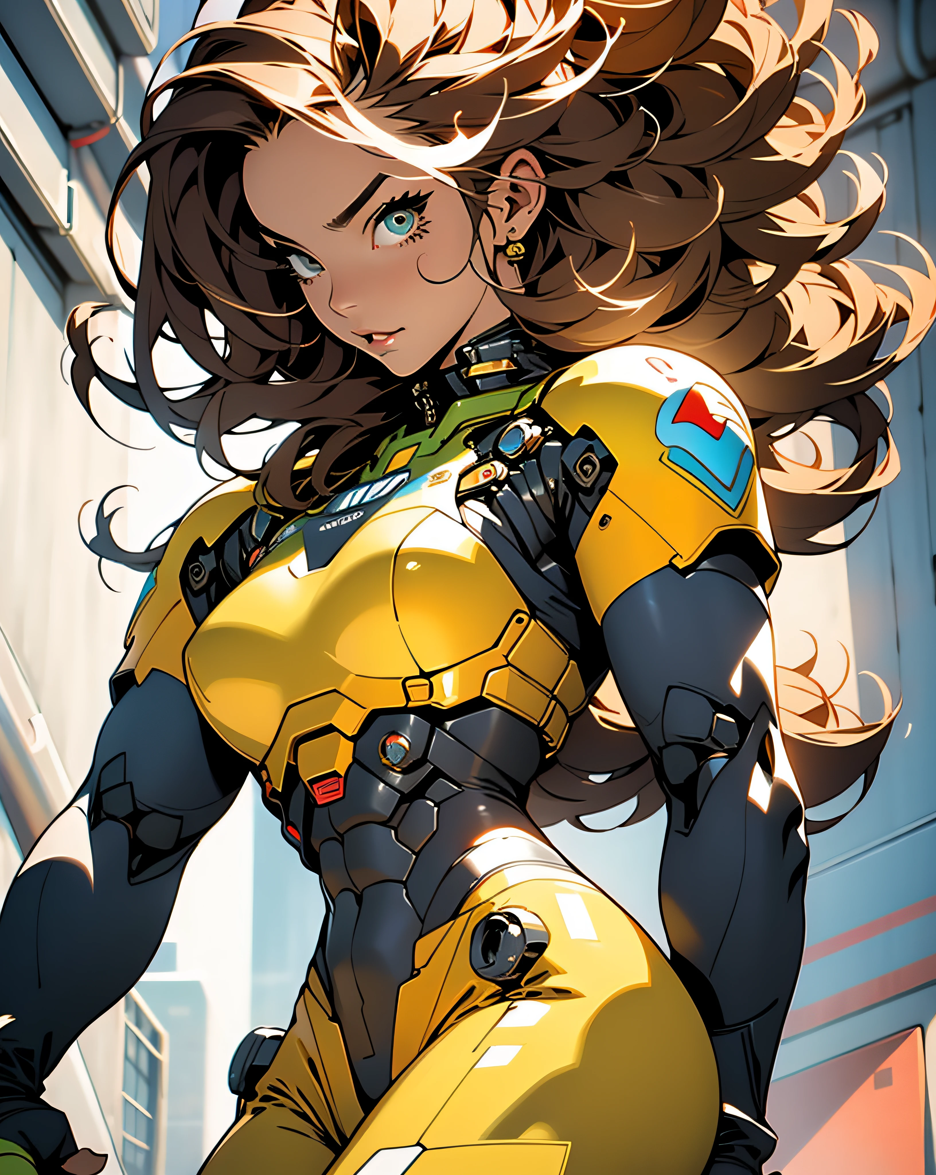 ((Best quality)), ((masterpiece)), (detailed: 1.4), (Absurd), (((full body)), (((woman))), 35-year-old woman, Beautiful muscular woman, giant robot pilot, wild with perfect body, perfect eyes, wearing little clothing, tiny thong, clothing with Japanese graphic patterns, halftone pattern and vertical stripes, yellow gold, white, coming out of the body of a giant robot