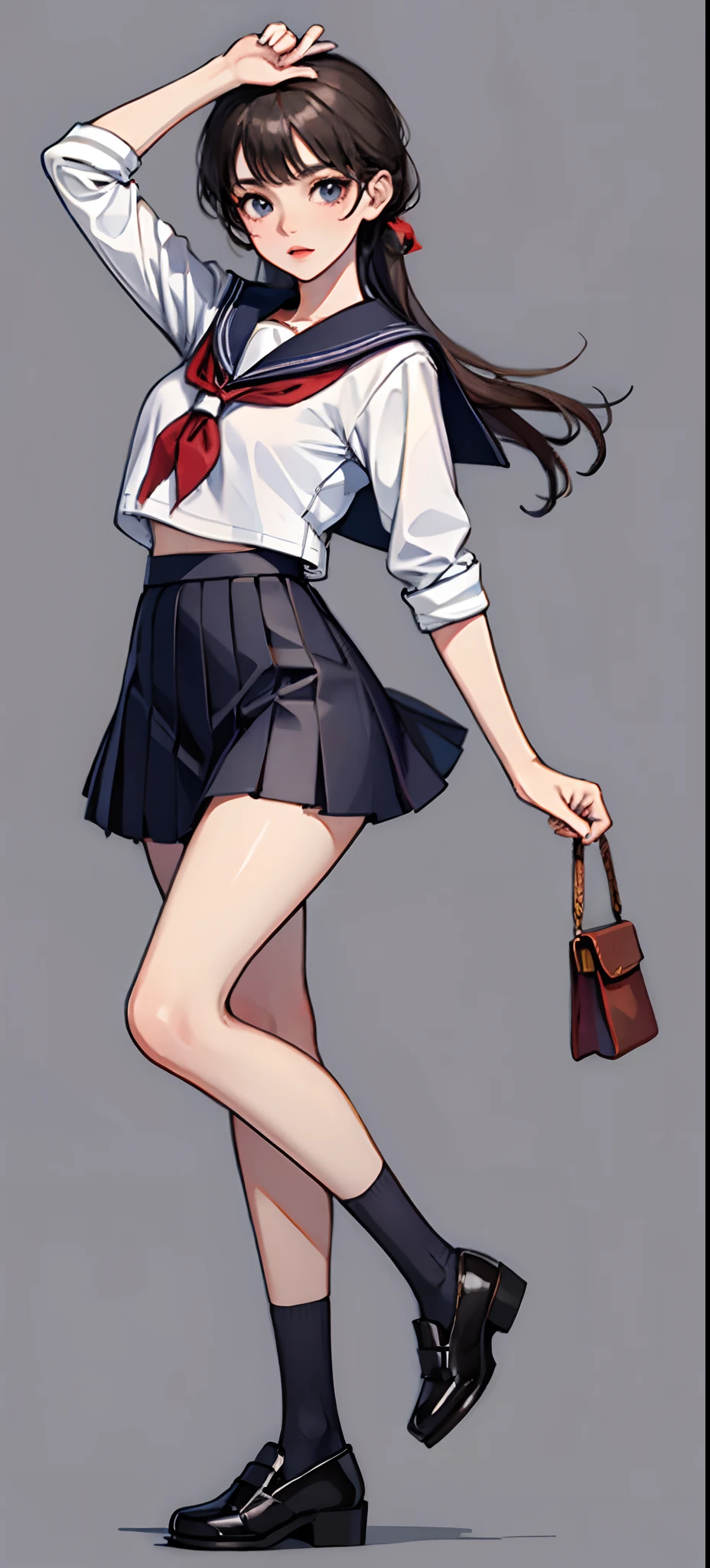Beauty all over the body,Sailor suit girl,leather shoes,Stand head-on,a skirt,greybackground