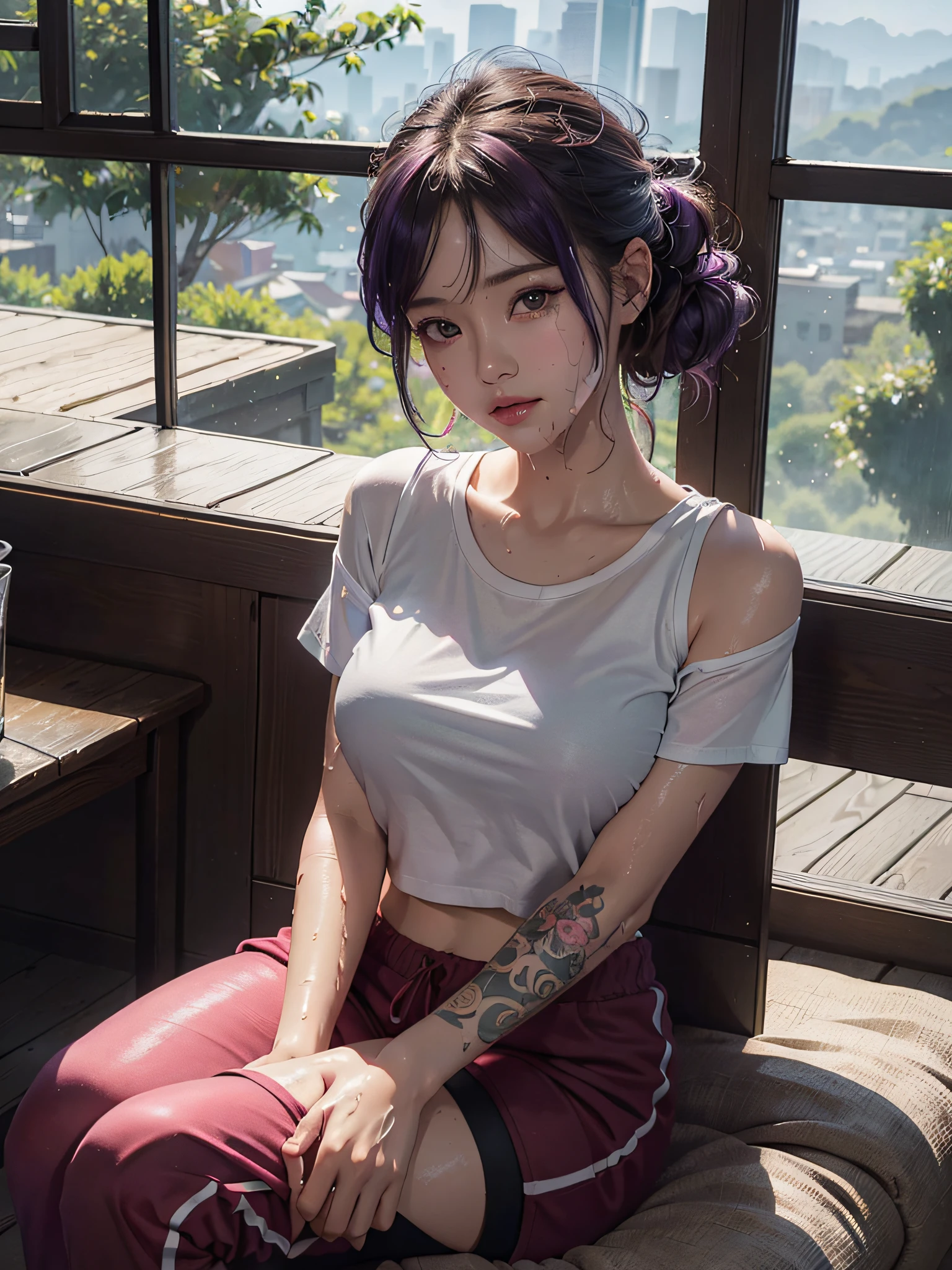 SeaArt Bot ,Upscaling 、RAW Photography、top-quality、masterpiece:1.2)、(realisitic、photoRealstic:1.37)、1girl in、Nepali、25-years old、femele、(deep in the night)、sunlights、a room、Daytime cityscape seen from the window、Studio Lighting、face lights、photon maping、Radio City、Purple hair、A detailed face、detailed lips、A detailed eye、More skin、二重まぶた、(Huge round:1.3)、((Exposure))、(T-shirt and joggers、Nepal)、(T-shirt)、(Wearing a T-shirt and joggers)、((no brassiere)))、Exposed cleavage、exposed shoulder、Thigh exposure、(camel's toe)、perfectbody、shinny skin、(Body wet with sweat:1.2)、smirking face、((sitting on))、Make eye contact with the camera、Lens blur for background camera、depth of fields、35 m、ultra-detailliert、ultra-quality、flawless、Anime tattoo on right hand、((Vintage style photography 1:1)),((NSFW 1:0))