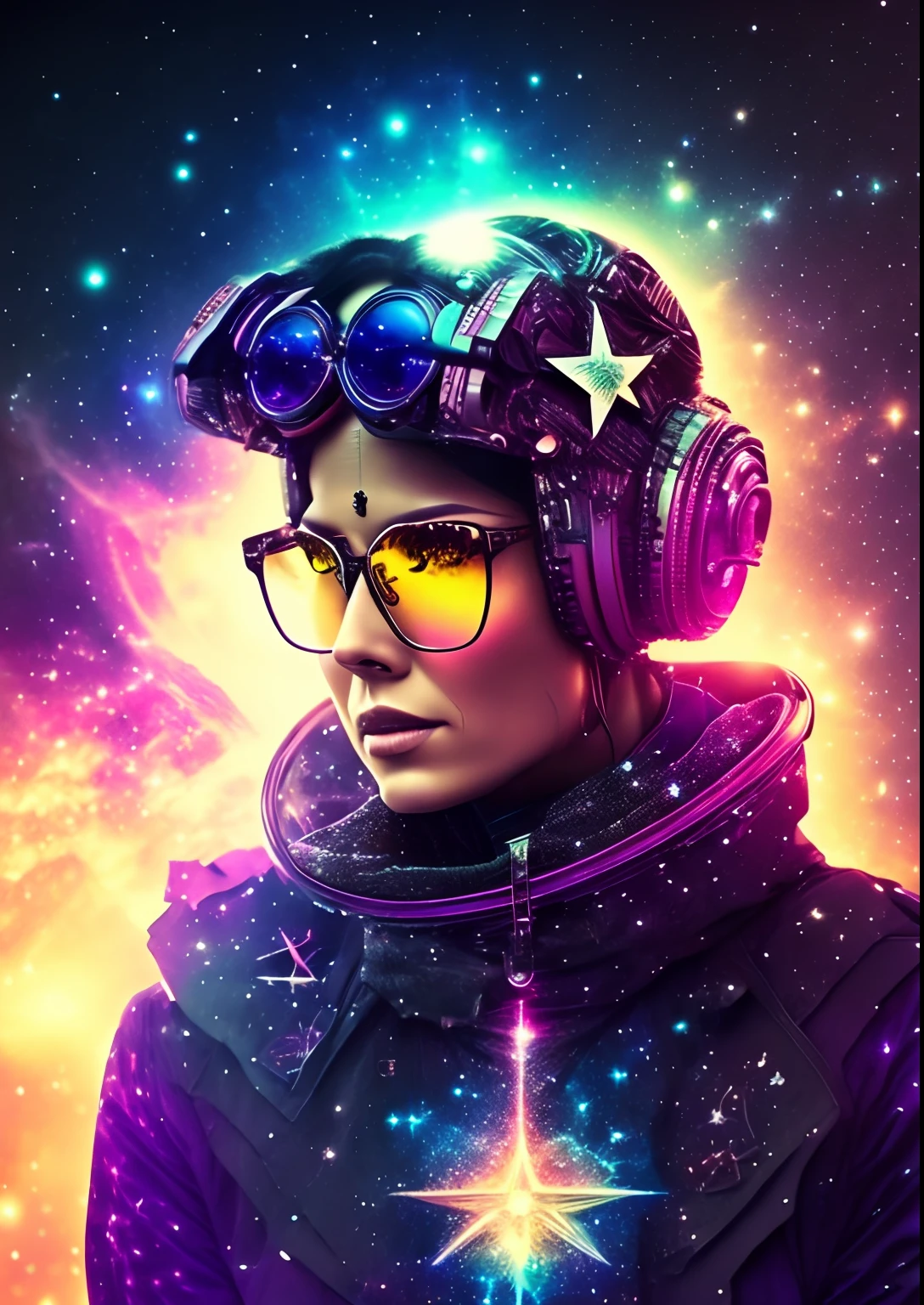 dreamlikeart, galaxy, outer space, nebula, star, [cyberpunked] Glasses from the stars (star:1.5),