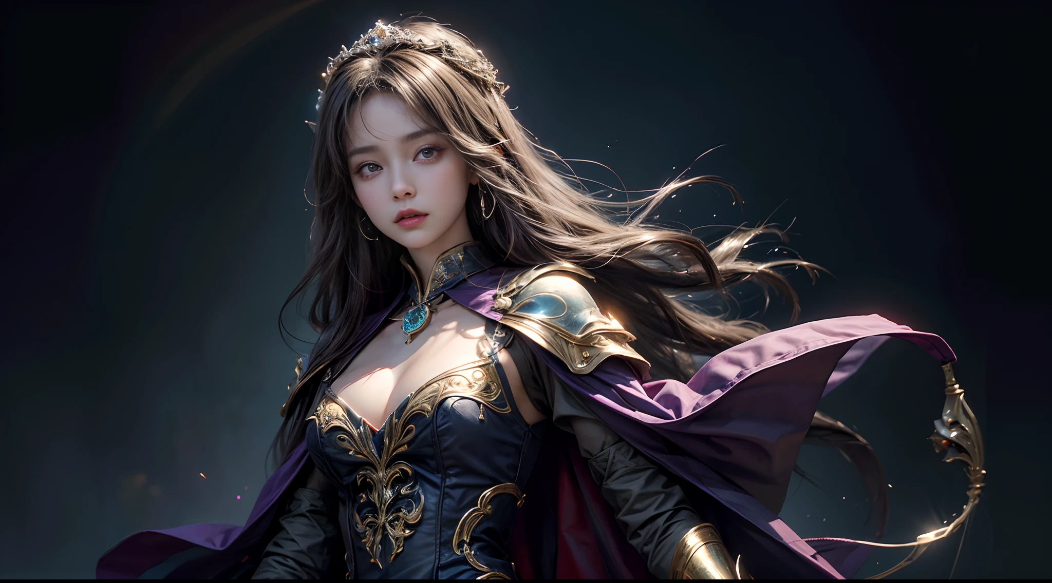 tmasterpiece,top-quality,best qualityer,offcial art,Beauty and aesthetics:1.2),(tmasterpiece:1.3), (8K, realisticlying, RAW photos, best qualtiy: 1.4), beauitful face, (photorealiscic face),超高分辨率, Ultra photo realsisim, highly detailed, the golden ratio, (with dynamism:1.3),(Saturation:1.3),illusory engine, (High detail: 1.9),(femele:1.4),(Large breasts),female mage,magnificent robe,The background is the castle,dramatics,(magia:1.8),(Glowing scepter:1.5),Mysterious symbol