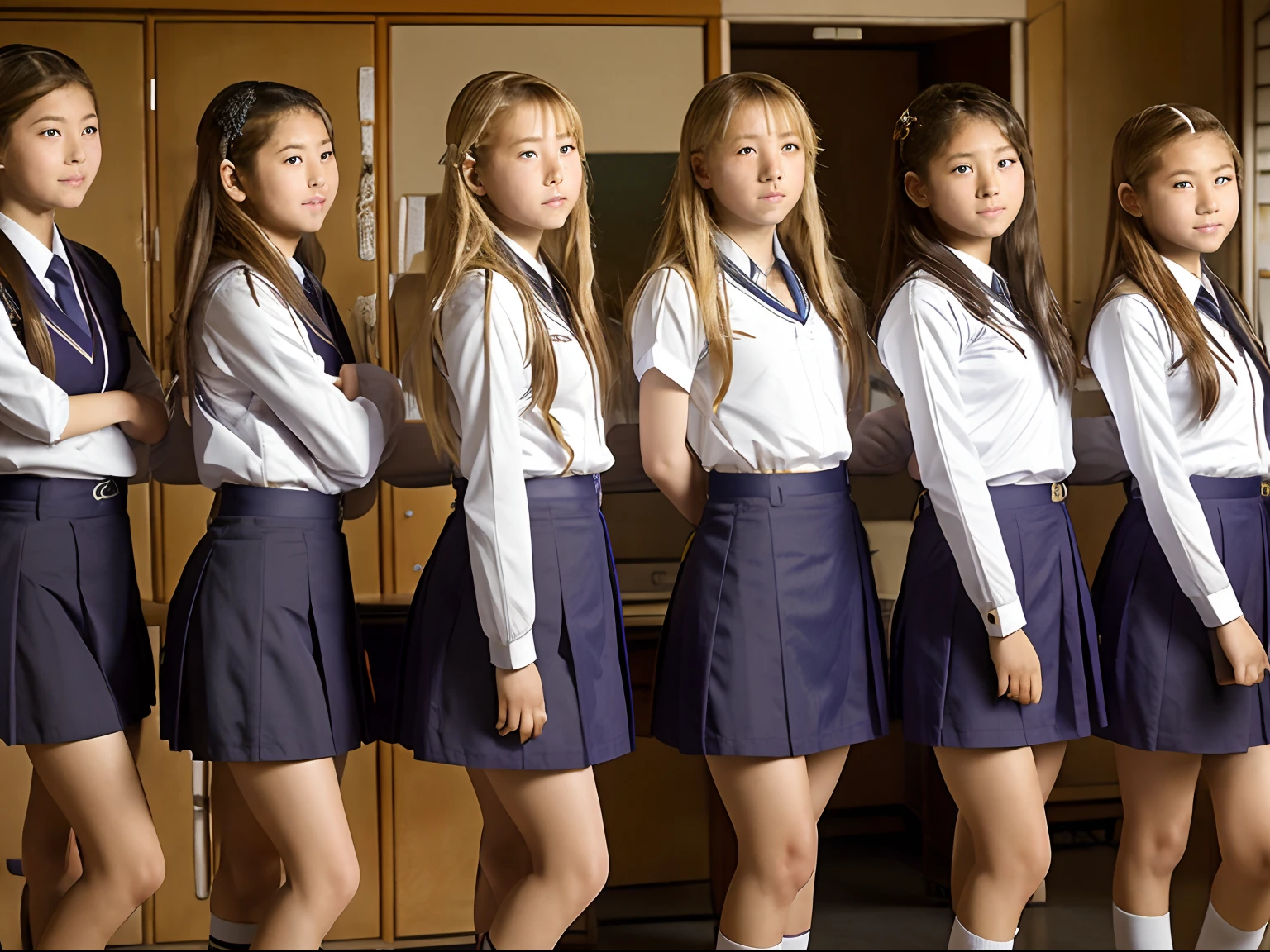 several girls in school uniforms stand in a row with their hands together removing their underwears, Japanese school uniform, wearing Japanese school uniform, Japanese high school, seifuku, Japanese girl school uniform, wearing school uniform, wearing a school uniform, jk uniform, high school girls, looks sad and solemn, wearing a short skirt, high school, in a row