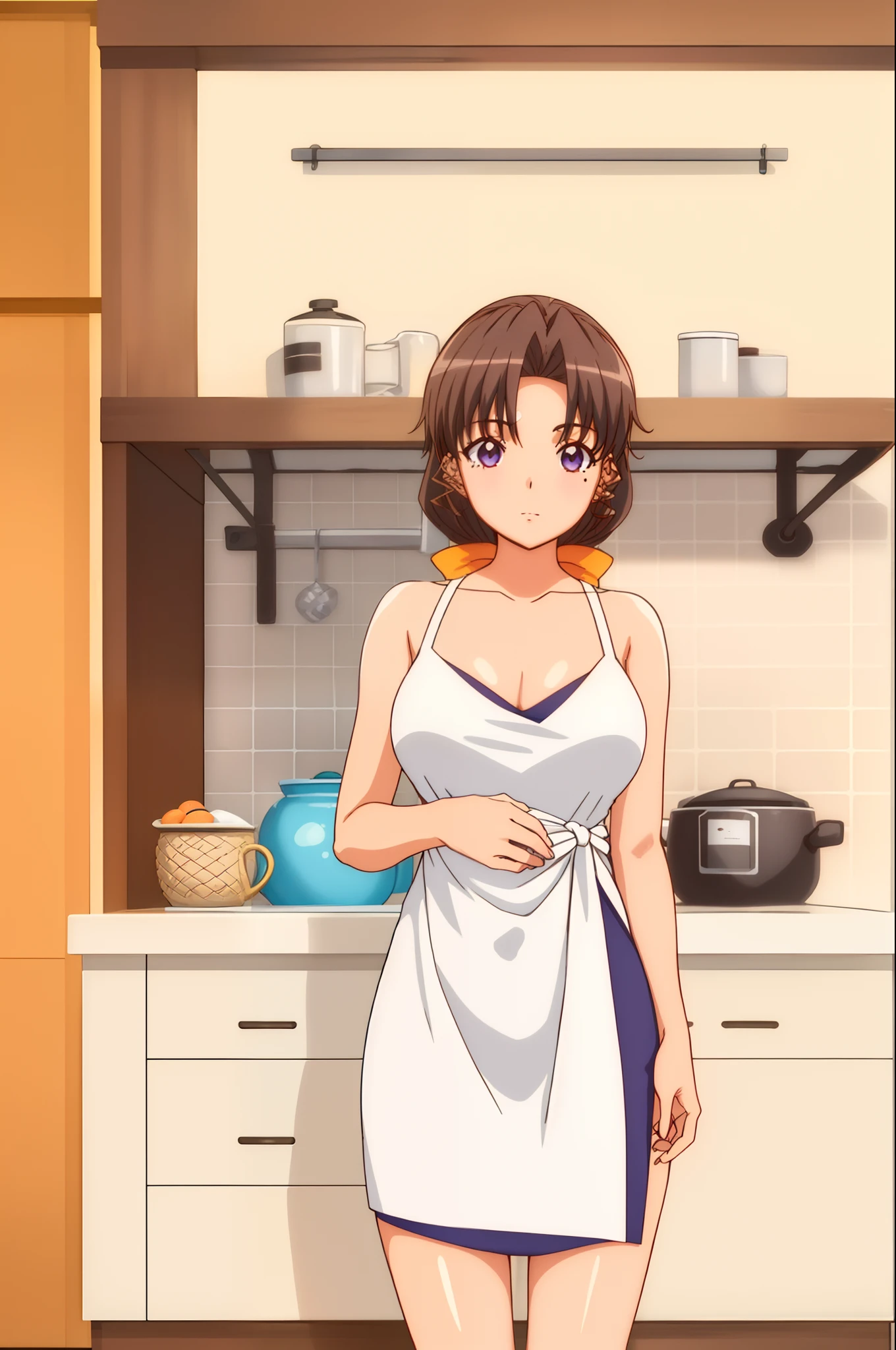 Kousaka honoka、A smile、Cooking in your room、barechested、Wearing only an apron、breasts,naked,naked breasts, curvy body