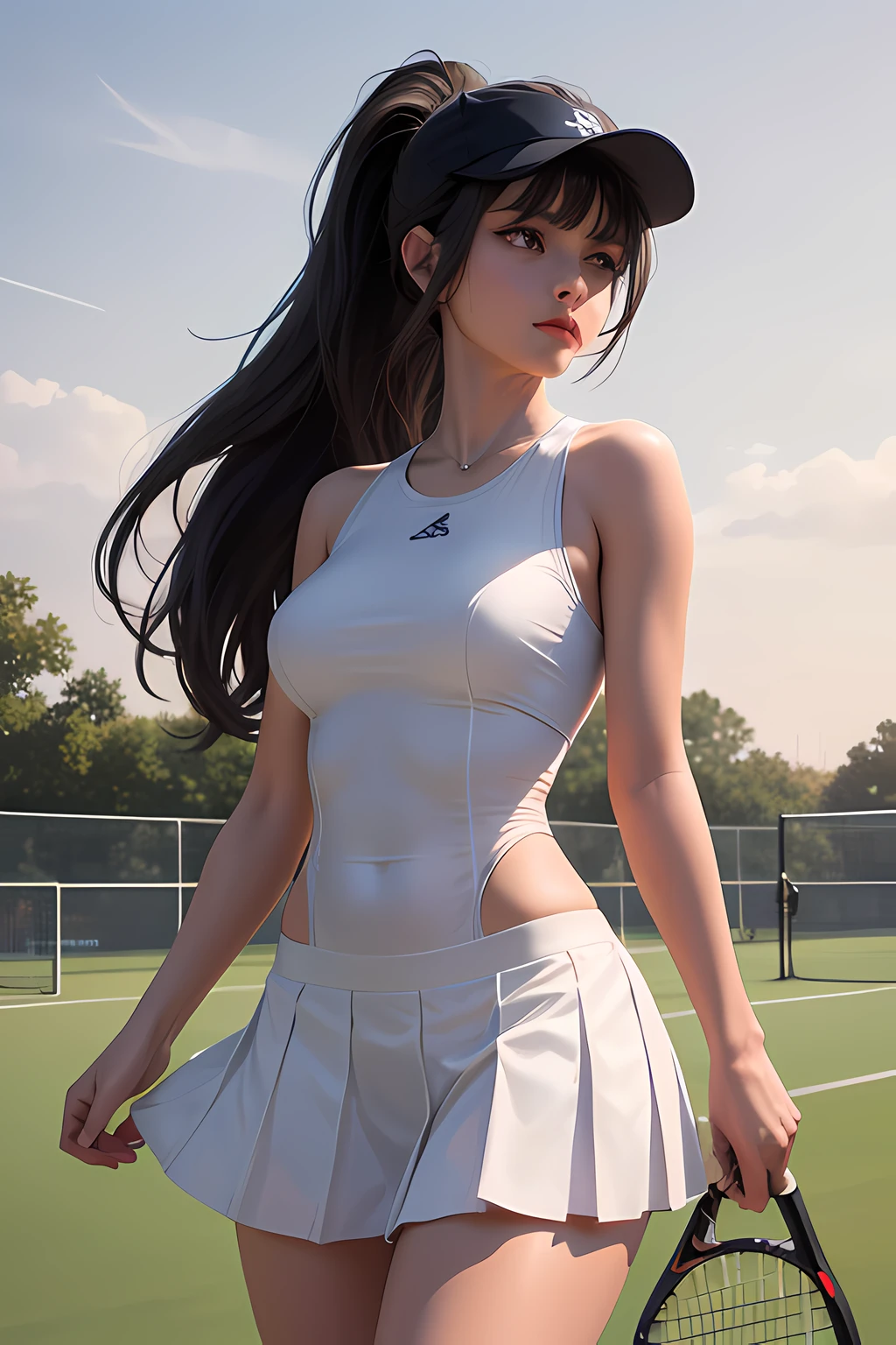 a girl with light purple eyes, shoulder length hair, black hair, bangs, ponytail, beautiful, beautiful woman, perfect body, perfect breasts, wearing a tennis outfit, wearing a tennis hat, being on the tennis court, holding a tennis racket, looking at the audience, a slight smile, realism, masterpiece, textured leather, super detailed, high detail, high quality, best quality, 1080p, 16k