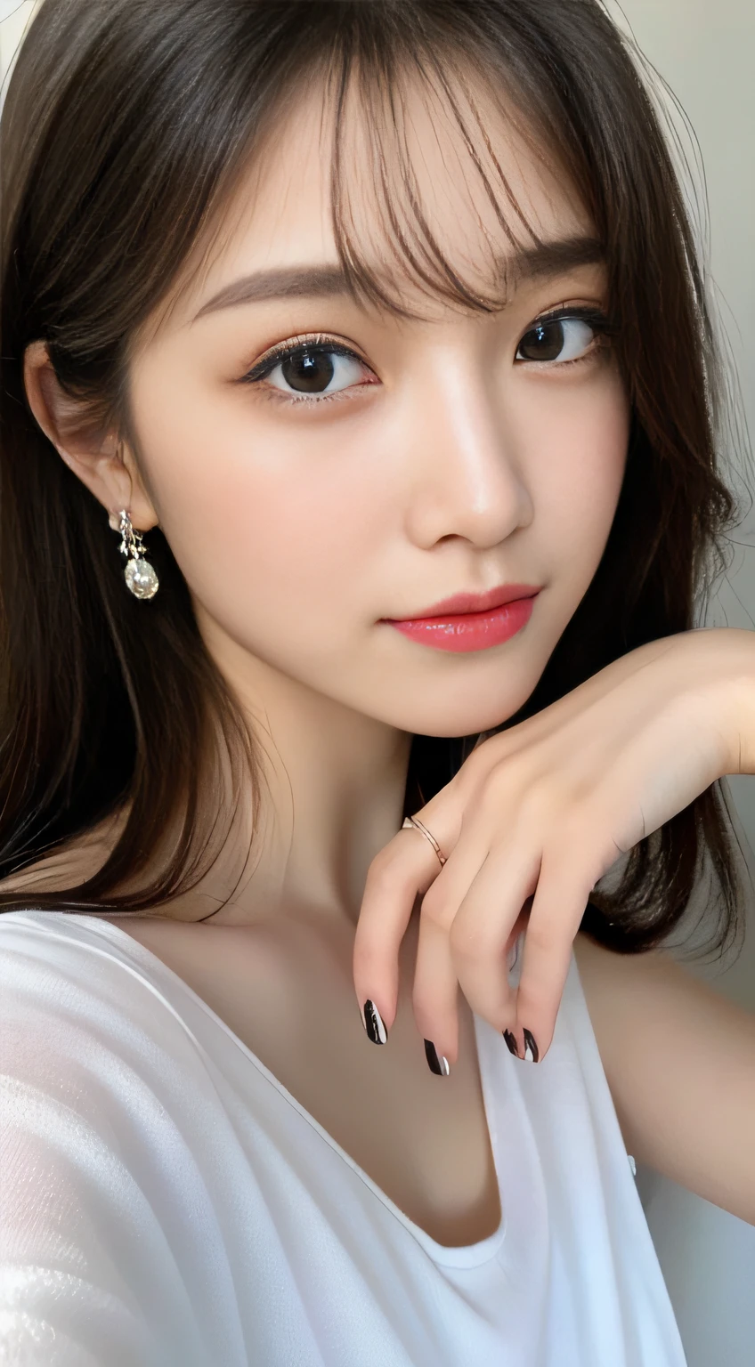 (((32K,very high res, high detailing, highly accurate,Masterpiece Girl 1))),Raw photo & realistic atmosphere,beautiful dark blue eyes,Detailed mouth,Glossy lips,Detailed eyebrows,Soft white skin that shines with every detail,,Eyes drawn in detail、Very beautiful eyes with azure eyes,Detailed lips、Very beautiful face,Very well-formed face、Lifelike face,shiny beautiful lips,Beautiful eyebrows,Infinite reality,Best design,(Insanely cute Japan -yeld giHealthy style,Beautifully shaped breasts,Very cute beautiful girl,Little Gi),Best Natural Makeup,Japanese ido,Korean Idols,Young sensual idol,Moist eyes,Beautiful butt,beauty legs,,camel's foot,If the fingers are5Boken,Detailed elongated legs:1.3),超A high resolution、,Natural and realistic face,,Pure eyes are too cute,(((photorealisim))),Reality Live Action,(Fashionable earrings,,a necklace,A bracelet,gyuru,Glossy nail art:1.6),(Sexy underwear with detailed design,Slit skirt,Gentle 16 year old higrl loli girl,light brown hairhort-cut,独奏,Natural makeup close to no makeup:1.7)(Photograph the upper body,From directly above, Shot from the sky Face approaching and waiting for a kiss,Pampering,Eyes close reliably,Young beautiful face,Spoiled 16-year-old high school girlolil,:1.Black pitch black rooThin light on upper body
