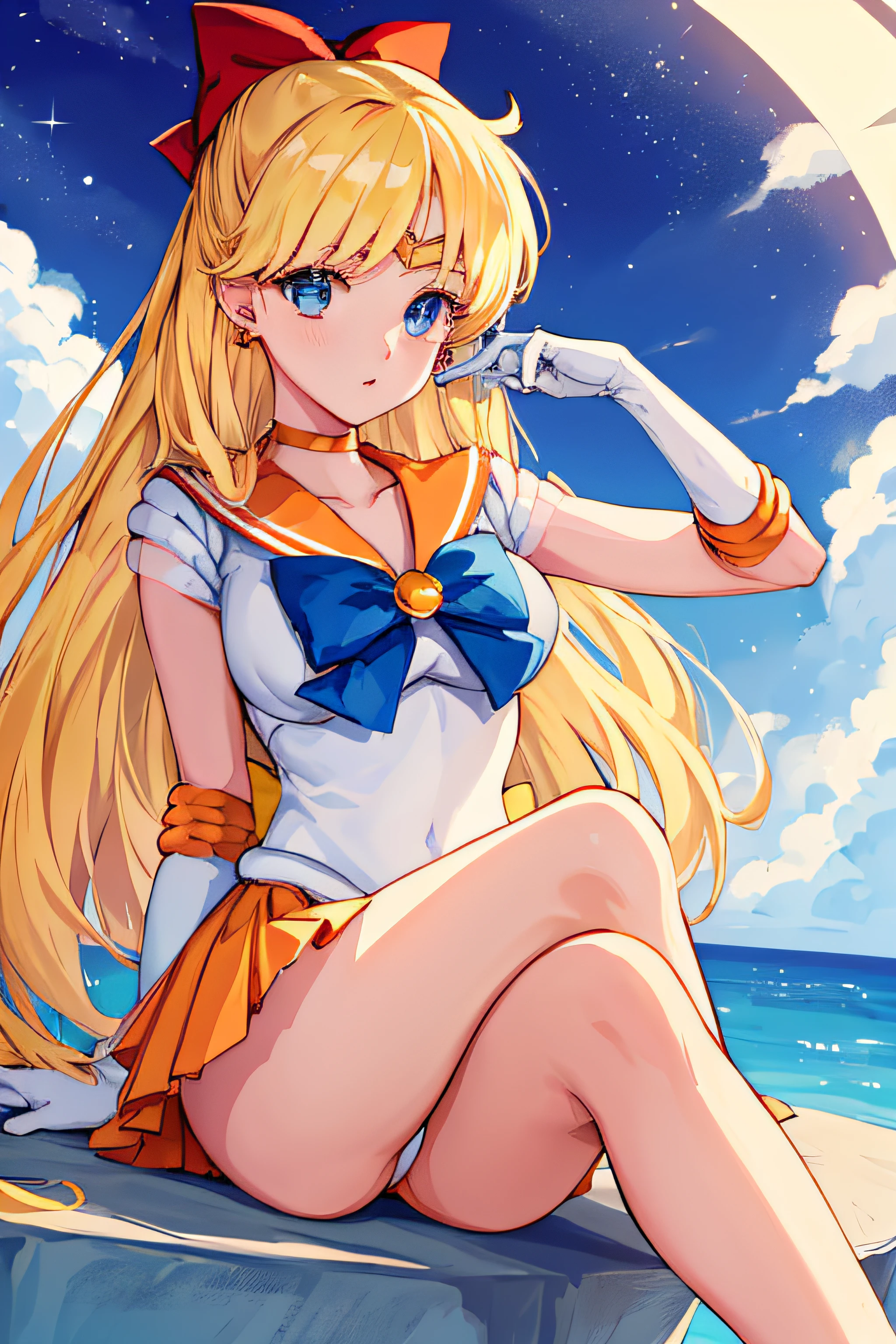 masterpiece, best quality, highres, venus1, 1girl, solo, sailor senshi uniform, sailor venus, aino minako, blonde hair, magical girl, blue eyes, orange skirt, elbow gloves, tiara, pleated skirt, hair bow, orange sailor collar, miniskirt, choker, red bow, orange choker, white gloves, very long hair,  jewelry,  earrings, sitting, crossed legs,