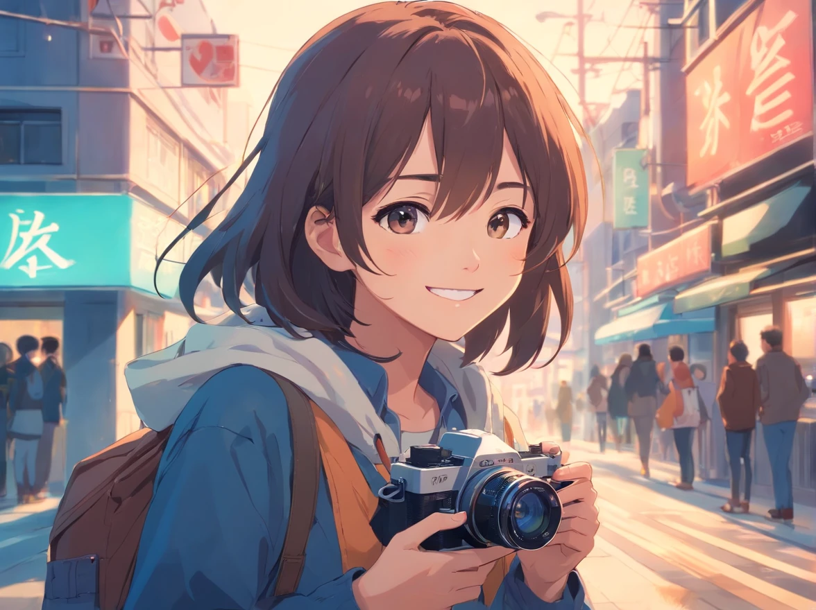 masutepiece, Best Quality, cute girl,Smiling student, SLR camera, bustup, camera