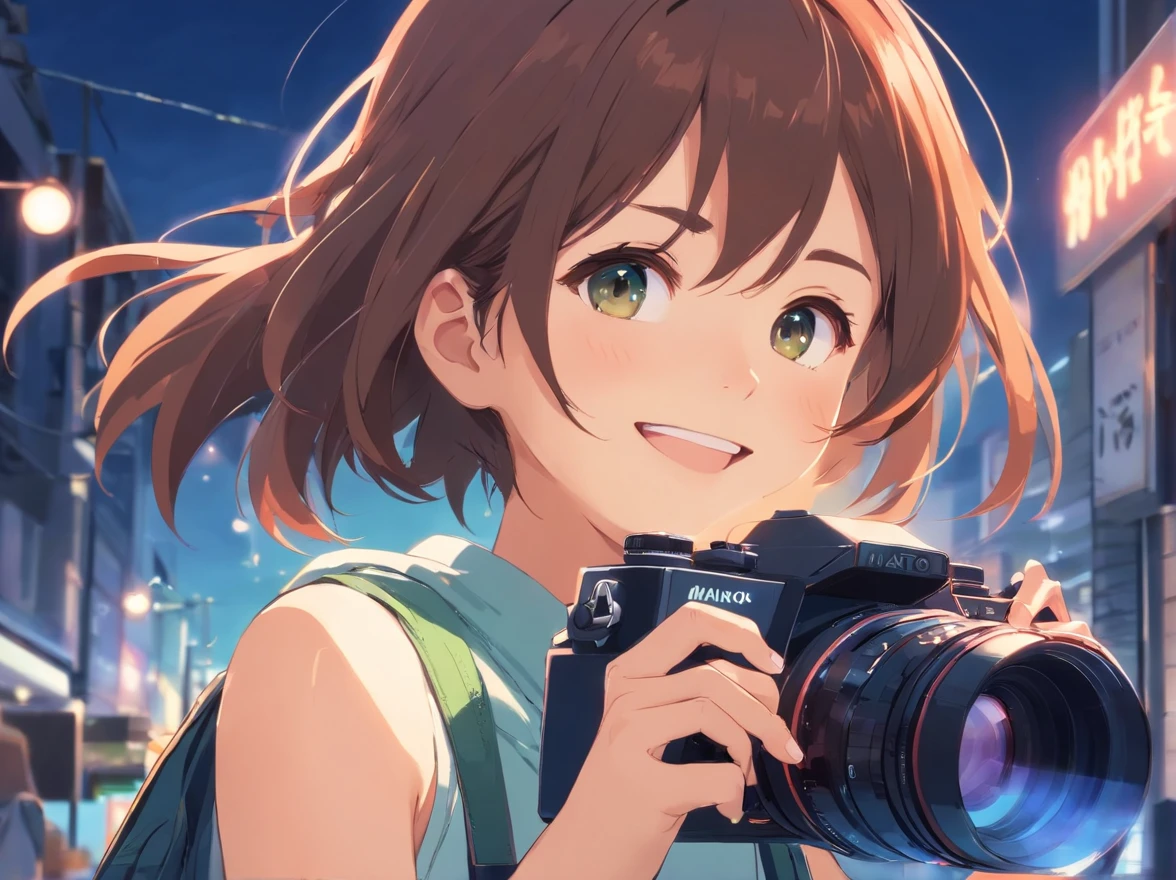 masutepiece, Best Quality, cute girl,Smiling student, SLR camera, bustup, camera