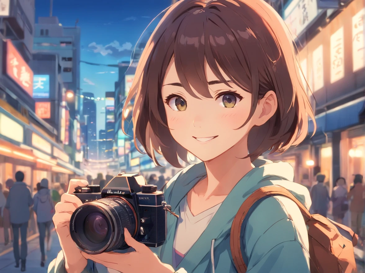 masutepiece, Best Quality, cute girl,Smiling student, SLR camera, bustup, camera