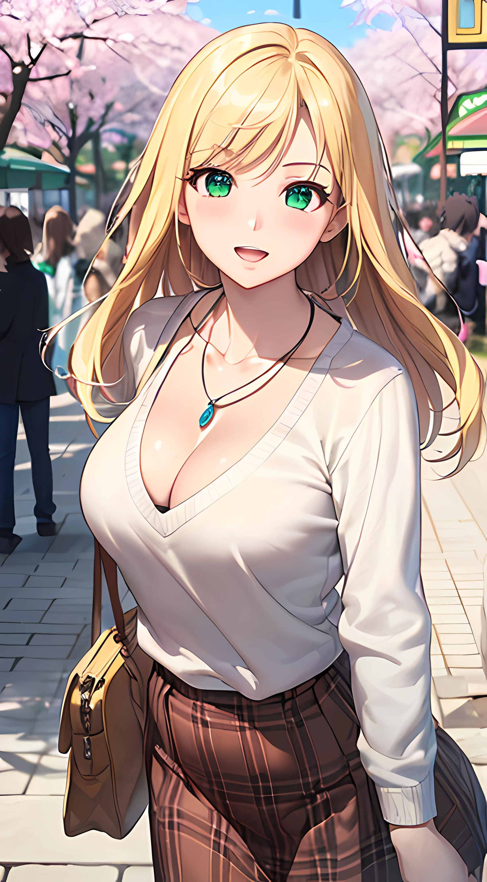 ((masterpiece, best quality, highres, UHD, perfect pixel, depth of field, 4k, RTX, HDR))), 1girl, single, solo, beautiful anime girl, beautiful artstyle, anime character, ((long hair, bangs, blonde hair)), ((green eyes:1.4, rounded eyes, beautiful eyelashes, realistic eyes)), ((detailed face, blushing:1.2)), ((smooth texture:0.75, realistic texture:0.65, photorealistic:1.1, anime CG style)), ((medium breasts, cleavage:0.9, busty)), dynamic angle, perfect body, ((POV, dynamic pose, portrait)), ((white sweater, long sleeve, black skirt, plaid skirt, fashionable, single handbag, 1diamond necklace)), smile, open mouth, amusement park, ((cherry blossom tree, cherry blossoms fall))
