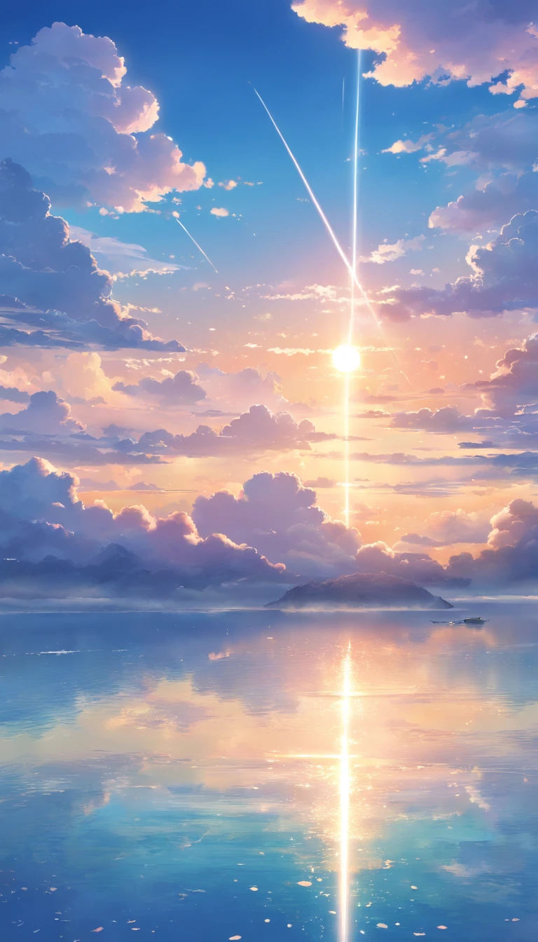 surrounded by cloud,Beautiful and smooth graphics,(NOhumans),Carefully depicted landscape,Light clouds float on the water,It's like a fairyland。Hazy light penetrates the clouds,Reflect stunning light and shadow effects。There is a sea of clouds in the picture,The looming view is mesmerizing。