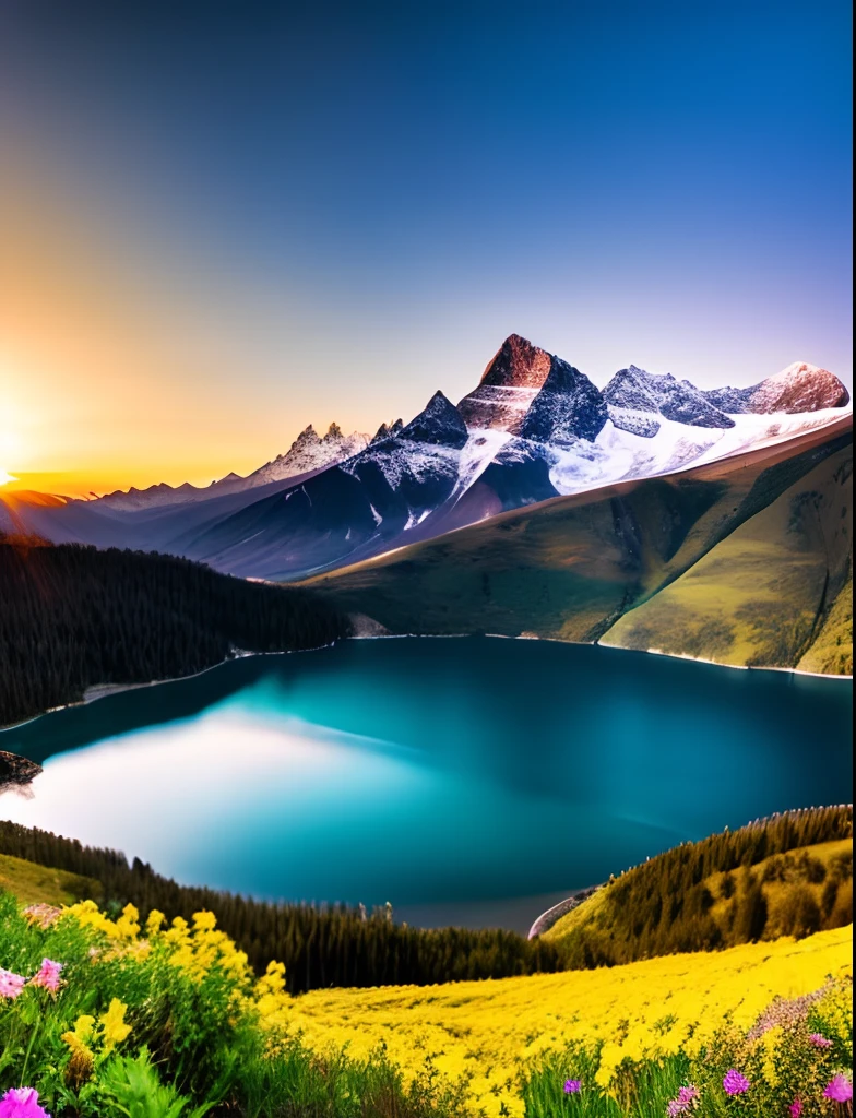 Scenery with mountains, um lago, chovendo, por do sol flores, borboletas voando