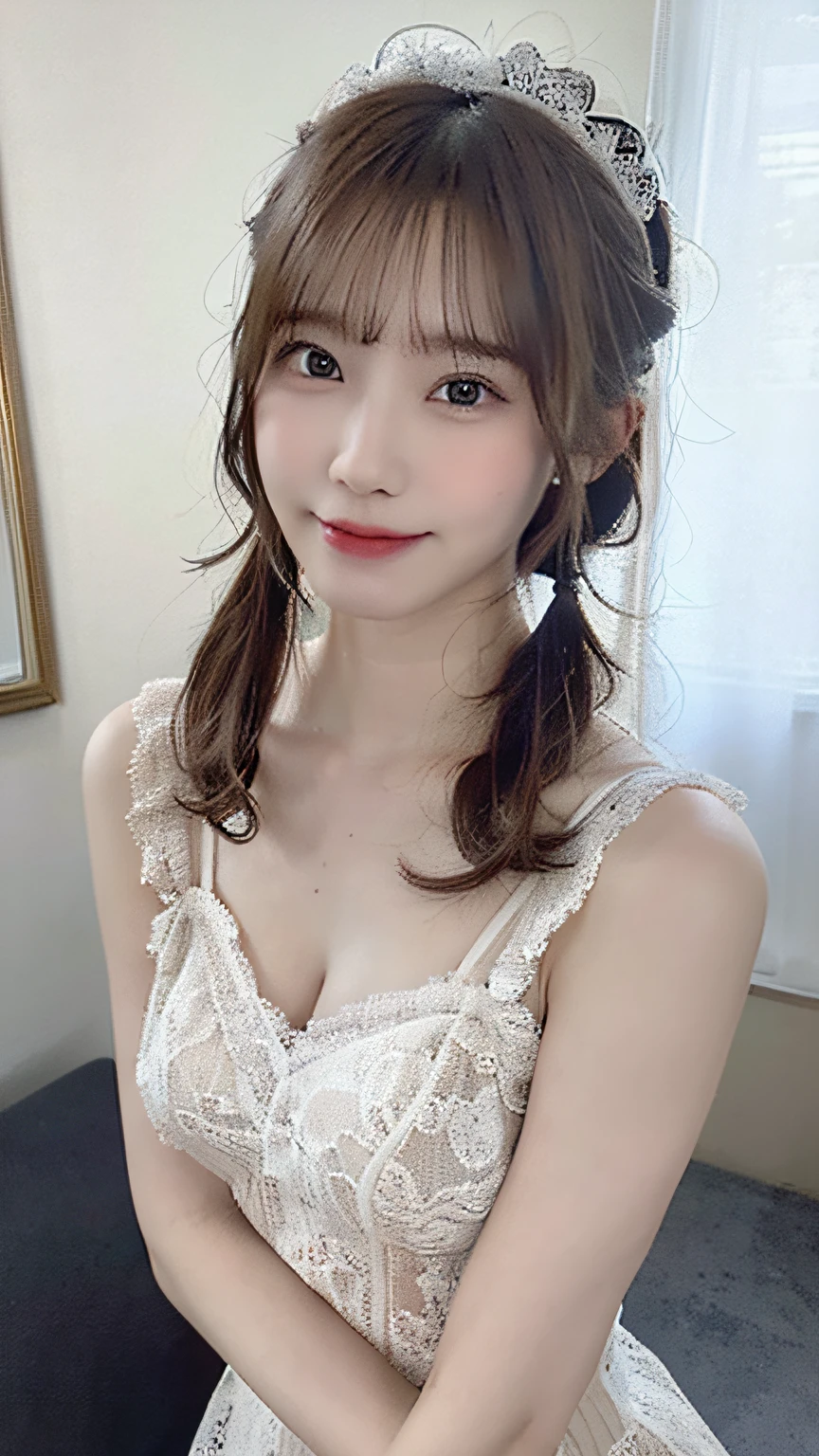 (masterpiece:1.3), (8K, Photorealsitic, Raw photography, Top image quality: 1.4), Japan high school girls、(Random hairstyles:1.2)、(small tits:1.3)、Super Detail Face、Eye of Detail、二重まぶた、foco nítido:1.2、prety woman:1.4、light brown hair、top-quality、masterpiece、超A high resolution、(Photorealsitic:1.4)、very detailed and professional lighting、slender、(A smile)、(eye line:1.1)、(Looking at the camera)、(full body Esbian)、Wearing a white lace maid outfit on a black background