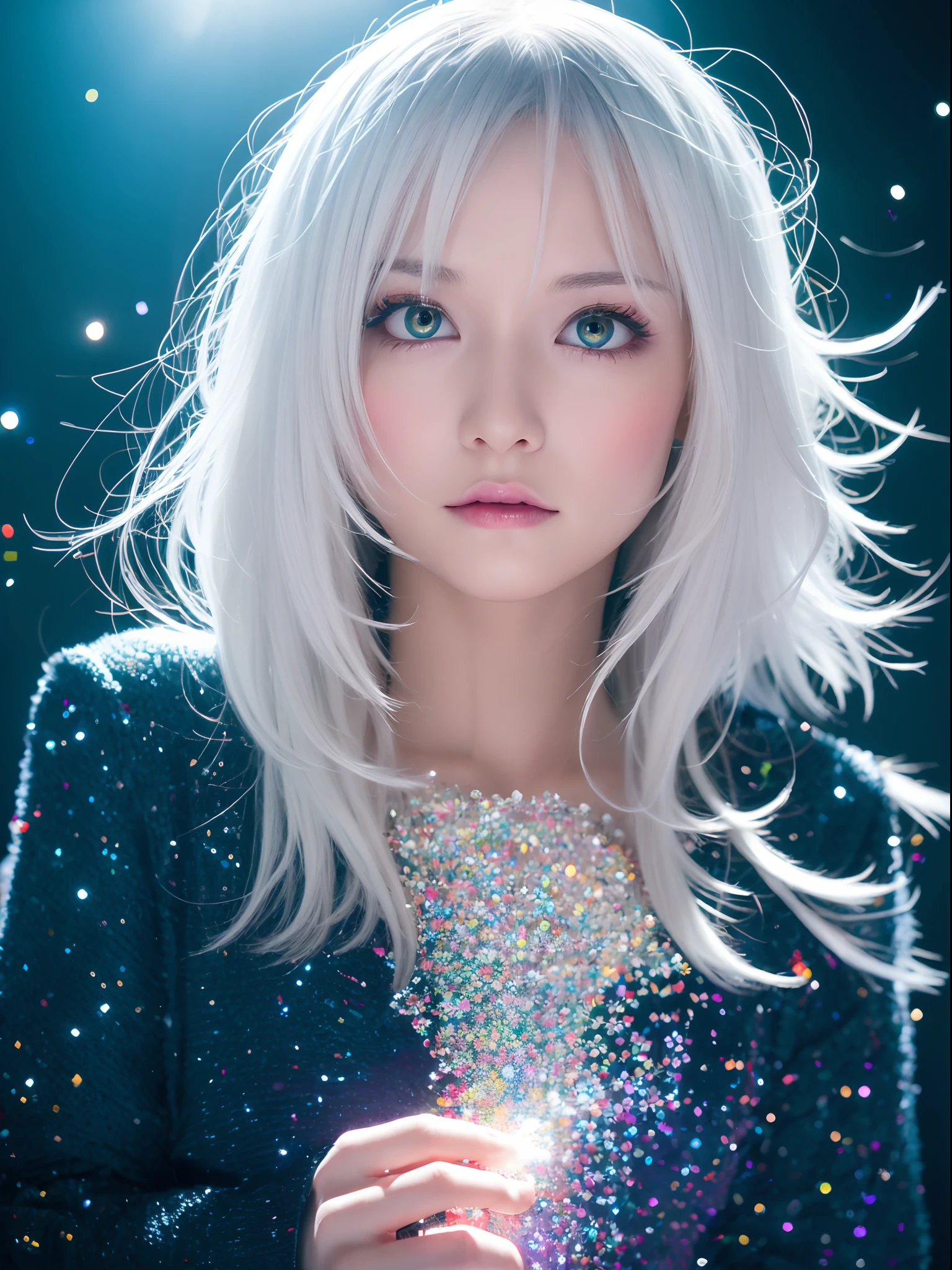 masutepiece, Highest Ease, high_quality, high_resolution, masutepiece*portait, A white space, Colorful, 1girl in, Solo, white_hair, Prism Hair, [Pink|Green] Eyes, Gradient Eyes, multicolored eyes, Glowing eyes, blazing, Glitter, Glowing White Particles, wind lift, full_Body, Serious,