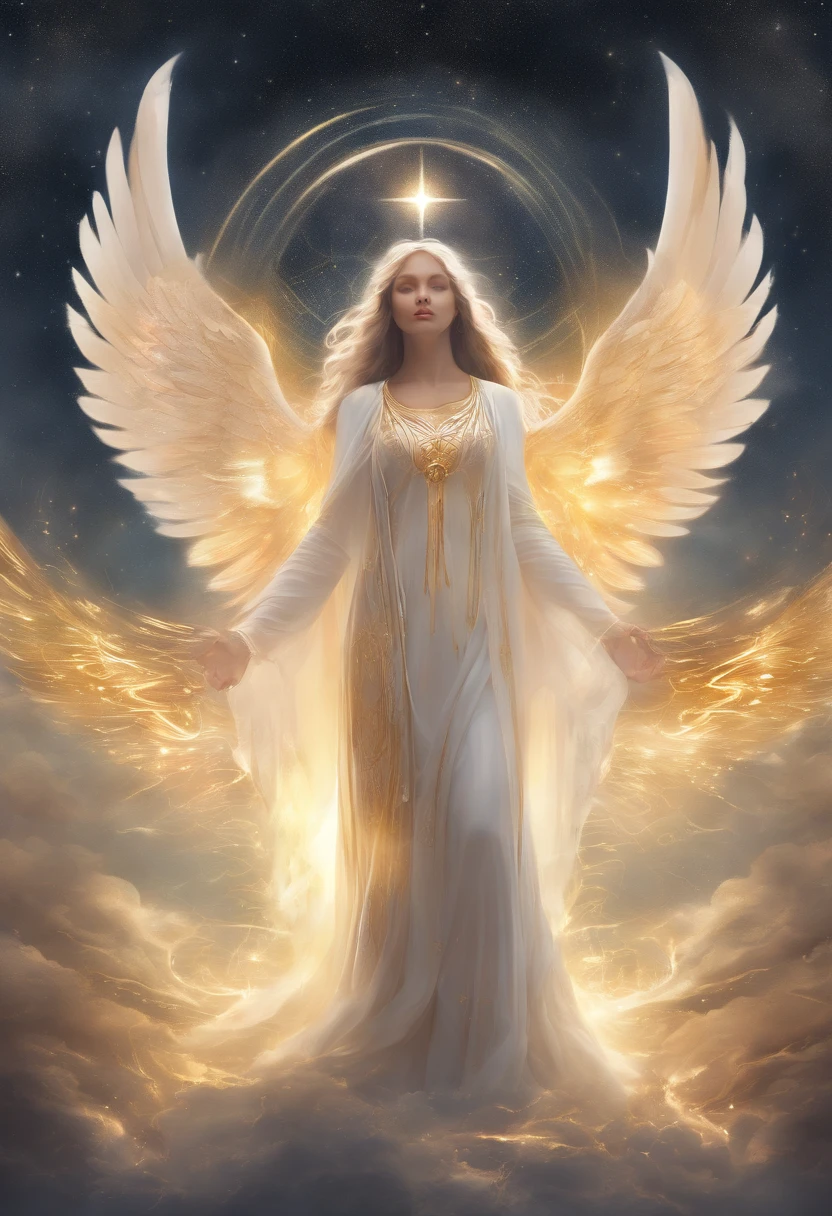 photorealistic, (hyperrealistic:1.2), beautiful, masterpiece, best quality, extremely detailed face, perfect lighting, nice hands, perfect hands,    A divine and radiant angel in celestial splendor, (heavenly presence:1.2), (serene expression), (majestic wings), (ethereal glow:1.1), (peaceful and comforting), (transcendent beauty), (divine grace), (symbol of purity), (golden halo), (uplifting atmosphere), (celestial realm), (spiritual enlightenment), (gentle and protective), (illuminating light:1.2), (seraphic figure), (harmony and serenity), (angelic robes), (timeless and celestial), (captivating aura), (healing and guidance)