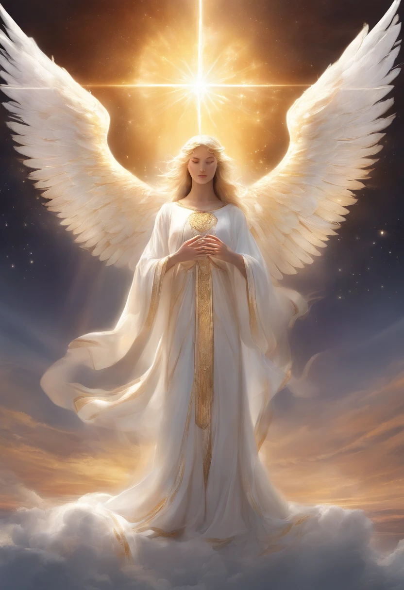 photorealistic, (hyperrealistic:1.2), beautiful, masterpiece, best quality, extremely detailed face, perfect lighting, nice hands, perfect hands, A divine and radiant angel in celestial splendor, (heavenly presence:1.2), (serene expression), (majestic wings), (ethereal glow:1.1), (peaceful and comforting), (transcendent beauty), (divine grace), (symbol of purity), (golden halo), (uplifting atmosphere), (celestial realm), (spiritual enlightenment), (gentle and protective), (illuminating light:1.2), (seraphic figure), (harmony and serenity), (angelic robes), (timeless and celestial), (captivating aura), (healing and guidance)