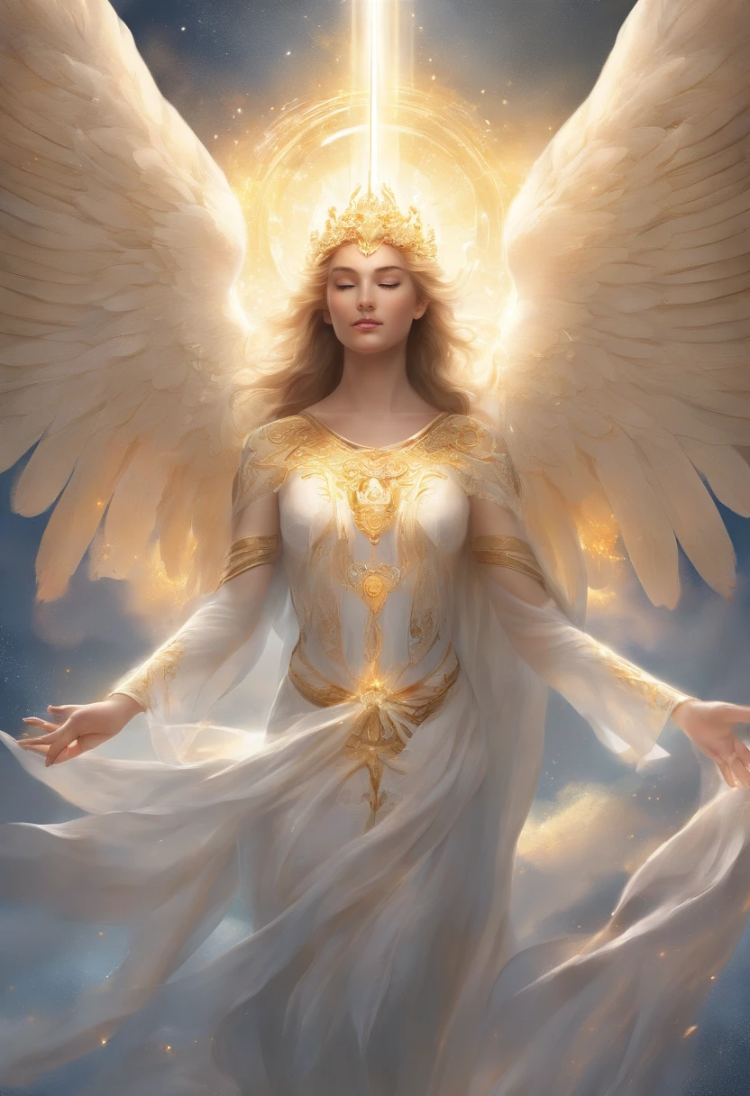 photorealistic, (hyperrealistic:1.2), beautiful, masterpiece, best quality, extremely detailed face, perfect lighting, nice hands, perfect hands, A divine and radiant angel in celestial splendor, (heavenly presence:1.2), (serene expression), (majestic wings), (ethereal glow:1.1), (peaceful and comforting), (transcendent beauty), (divine grace), (symbol of purity), (golden halo), (uplifting atmosphere), (celestial realm), (spiritual enlightenment), (gentle and protective), (illuminating light:1.2), (seraphic figure), (harmony and serenity), (angelic robes), (timeless and celestial), (captivating aura), (healing and guidance)