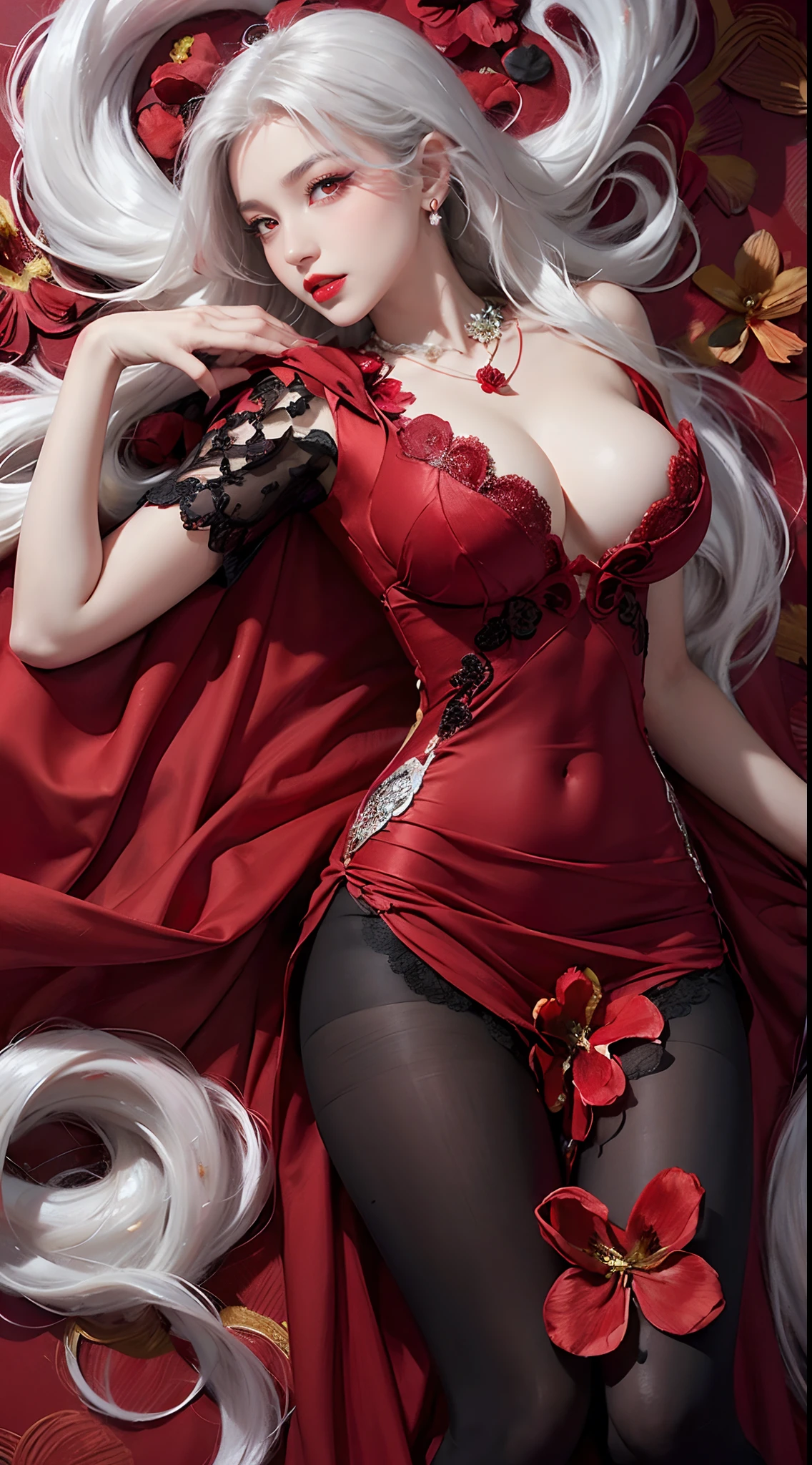 A beautiful and sexy 20 year old girl, ((wearing a super thin red dress:1.8)), a dress with diamonds, ((long platinum hair:1.6)), bangs, jewelry elaborately made from precious stones and beautiful hair, ((wearing a black lace necklace:1.4))), the noble, noble style of an extremely beautiful girl, her small face is super cute, her face is very pretty, thin eyebrows, flawless beautiful face, ((student black eyes: 0.8)), very beautiful eyes, ((light red eyes: 1.5)), nice makeup and eyelashes details, steamy eye makeup, high nose, earrings, red lips, ((closed mouth: 1;5 )) beautiful lips, slim hands, most beautiful thighs, ((arms spread out to the sides: 1.5)) , rosy face, clean face, flawless beautiful face, smooth white skin, (big breasts: 1.5)), ((high breasts: 1.6) ), tight breasts, beautiful cleavage, ((big and super breasts round: 1.8))), ((super tight breasts: 1.7)) , beautiful breasts, back arms, chest out, thin black mesh stockings with black lace trim, 8k photo, super high quality, super realistic, super pixel 10x , optical, bright studio, bright edges, two-tone lighting, (high-detail skin:1.2), super 8k, soft lighting, high quality, volumetric lighting, realistic, Resolution photo high, light, best photo, 4k, 8k quality, blur effect, Smooth sharp, 10 x pixels, ((red flower background:1.7)), aurora, lightning, surreal graphics, Most realistic graphics, alone, solo, Extremely sharp, surreal images, ( ((frontal portrait: 1.3)))."