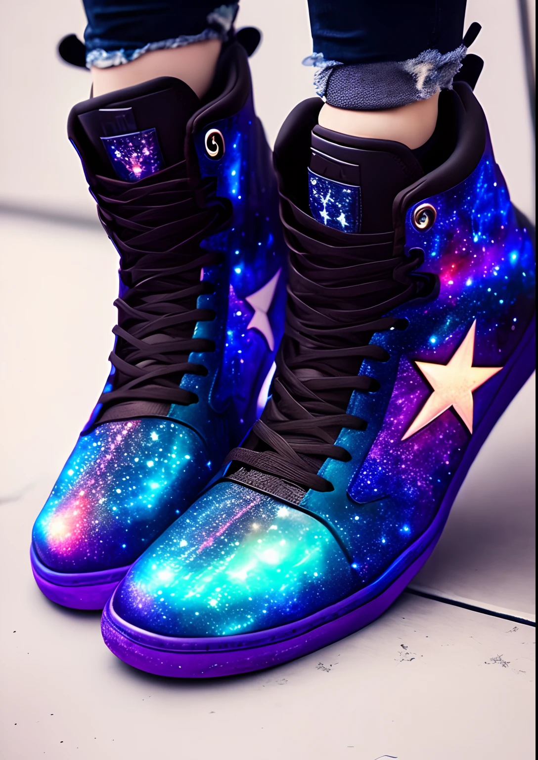 dreamlikeart, galaxy, outer space, nebula, star, [cyberpunked] Booth shoes from the stars (star:1.5),