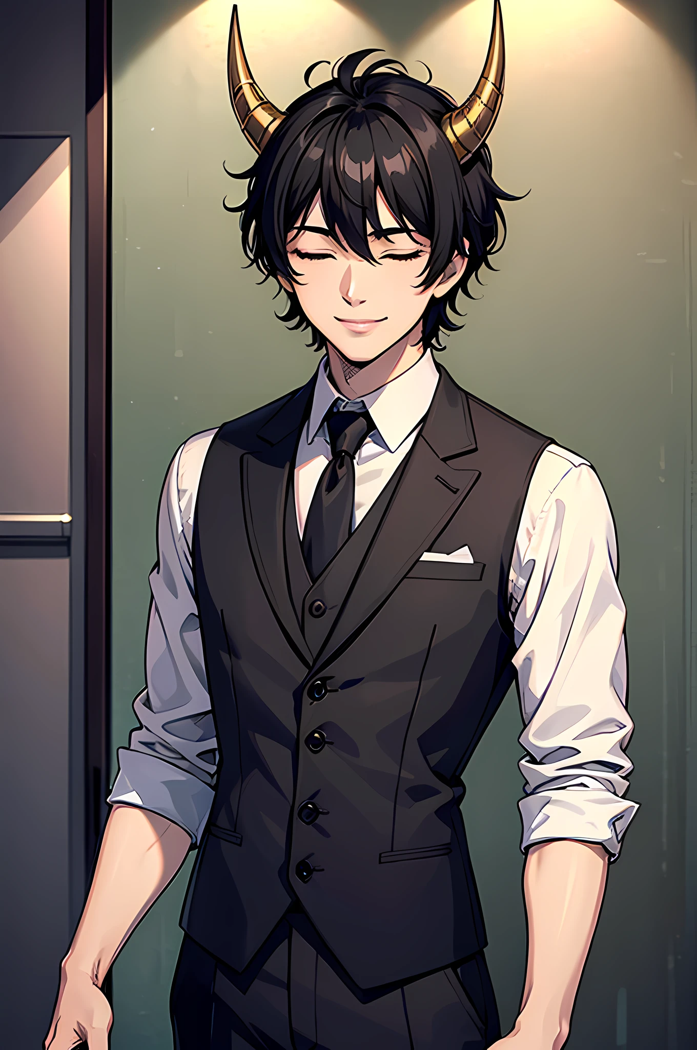 best quality,masterpiece,original,extremely detailed wallpaper,anime style,looking at viewer,1boy,solo,male,male focus,black hair,short hair,messy hair,closed eyes,smile,grey suit,curved horns,standing, black vest,
