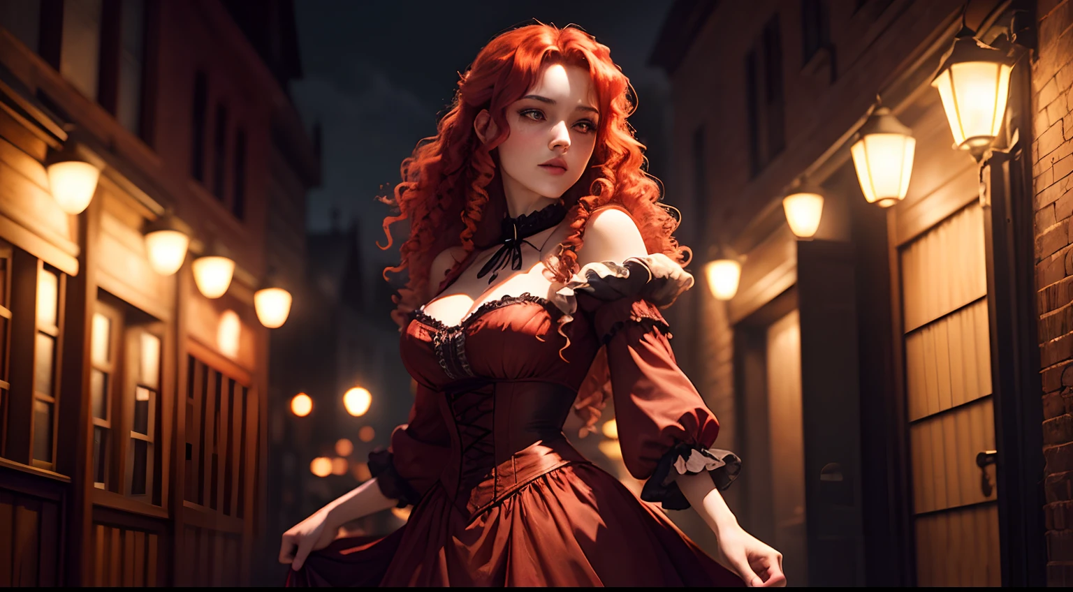 A grown woman with party clothes, red and black tones, intricate details, long red hair, intense blue eyes, highly detailed, movie picture
