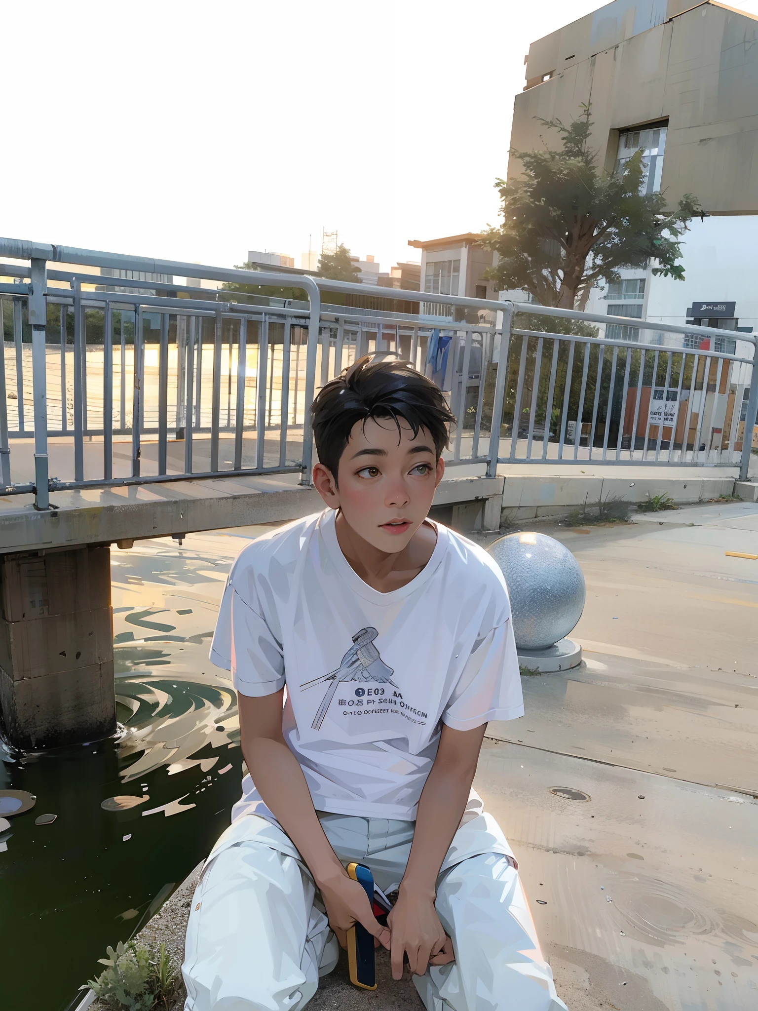 The boy sits on a bench，Hold a skateboard and drinks, shoun, Sit on the railing, A city in the distance，Sky clouds, , Cai Xukun, , extreme low angle long shot, Stylish clothing style,, With sunset, 独奏，exteriors，buliding，​​clouds，sitted，城市，siluette，view over city ，Colorful，Detail enhancement，Original text HD，8K。