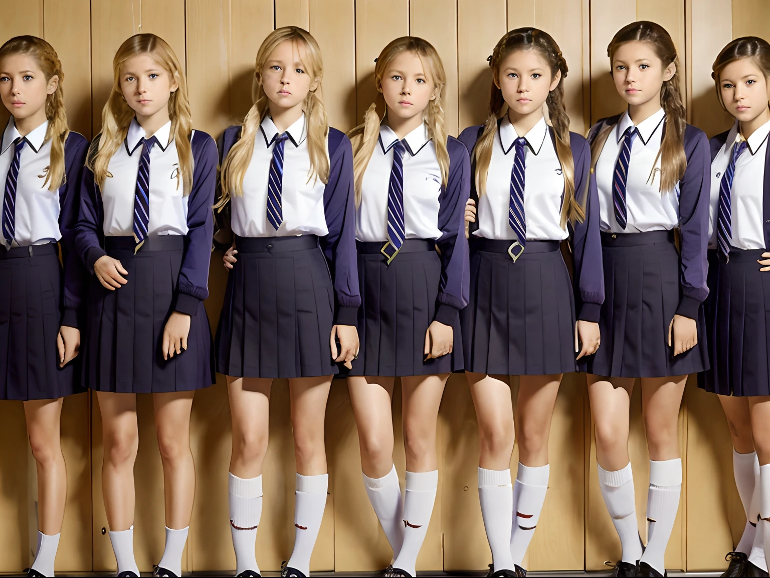 several girls in school uniforms stand in a row with their hands together removing their underwear, Japanese school uniform short skirt, wearing Japanese school uniform short skirt, Japanese high school, seifuku, Japanese girl school uniform, wearing school uniform, wearing a school uniform, jk uniform, high school girls, looks sad and solemn, wearing a short skirt, high school, in a row