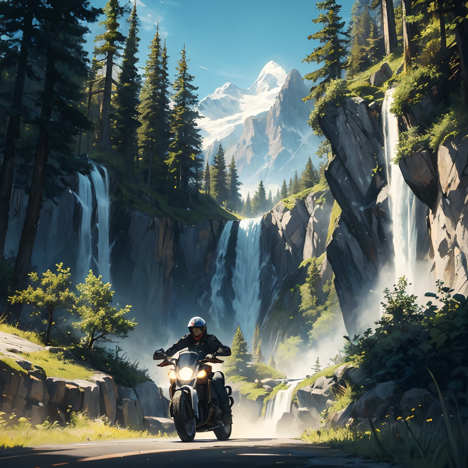 ilustration t shirt to print of a adventure motorcycle, with trees, mountains, waterfalls, summer season, roads