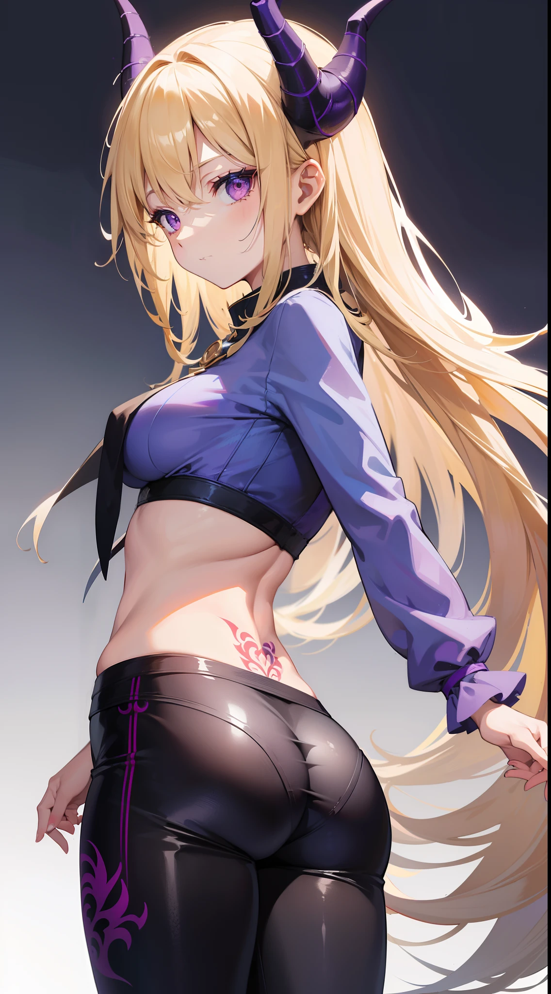 young girl, longue blonde hair, dragon horns, violet eyes, tattoo, Blue tight shirt, open belly, black tight pants, seen from behind, Masterpiece, hiquality, higly detailed, HD, 4k