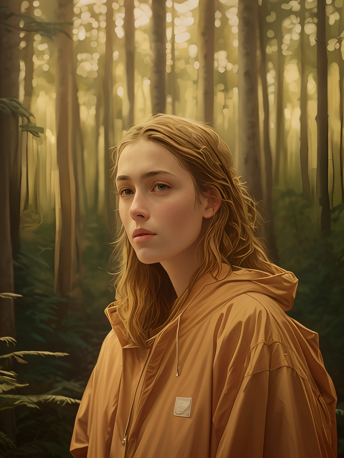 Pintura digital hiper-realista, retratando uma jovem com olhos castanho claro e cabelo castanho claro, vestindo um casaco, imersa na beleza de uma floresta. The work is to be performed in the style of Simon Stålenhag and Casey Weldon, with an impressive level of detail, using the oil-on-panel technique. This realistic self-portrait of the pretty girl captures the essence of hyperrealism and realistic illustrative painting. Seja minucioso ao retratar os detalhes do rosto da adolescente, achieving a photorealistic result that highlights its beauty and envelops it in the magical atmosphere of the forest.