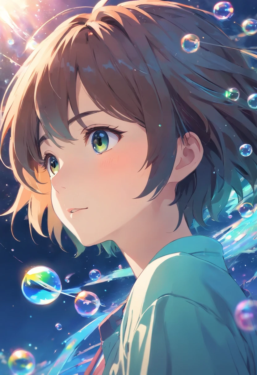 Xingqiu (masterpiece), (best quality), (ultra detailed),(disheveled hair),(illustration), (1boy), beautifuldetailedeyes,delicate beautiful face,Floating,(high saturation),(colorful splashes),colorful bubble,(shining),focus on face
